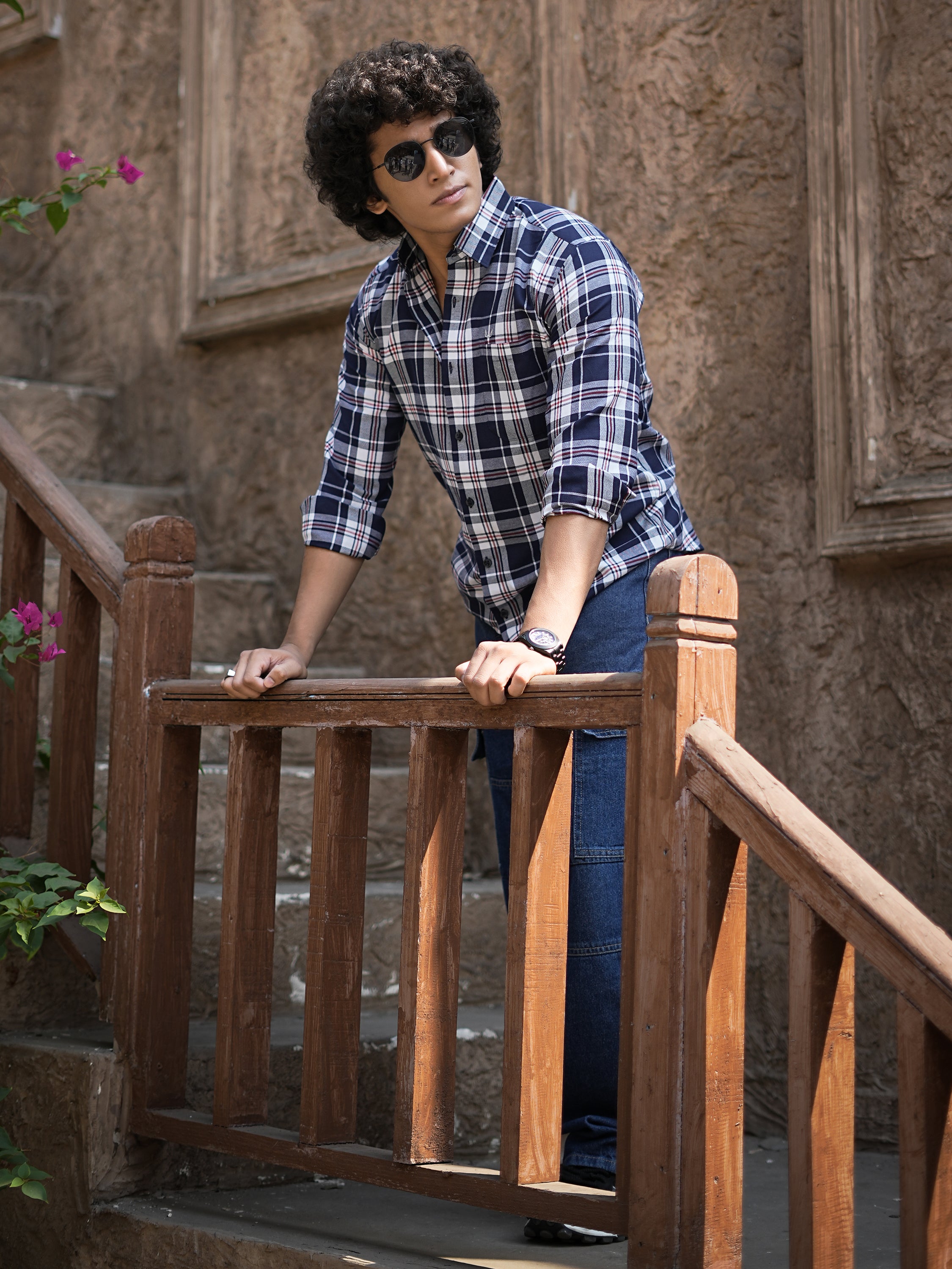 Navy Blue & White Plaid Shirt