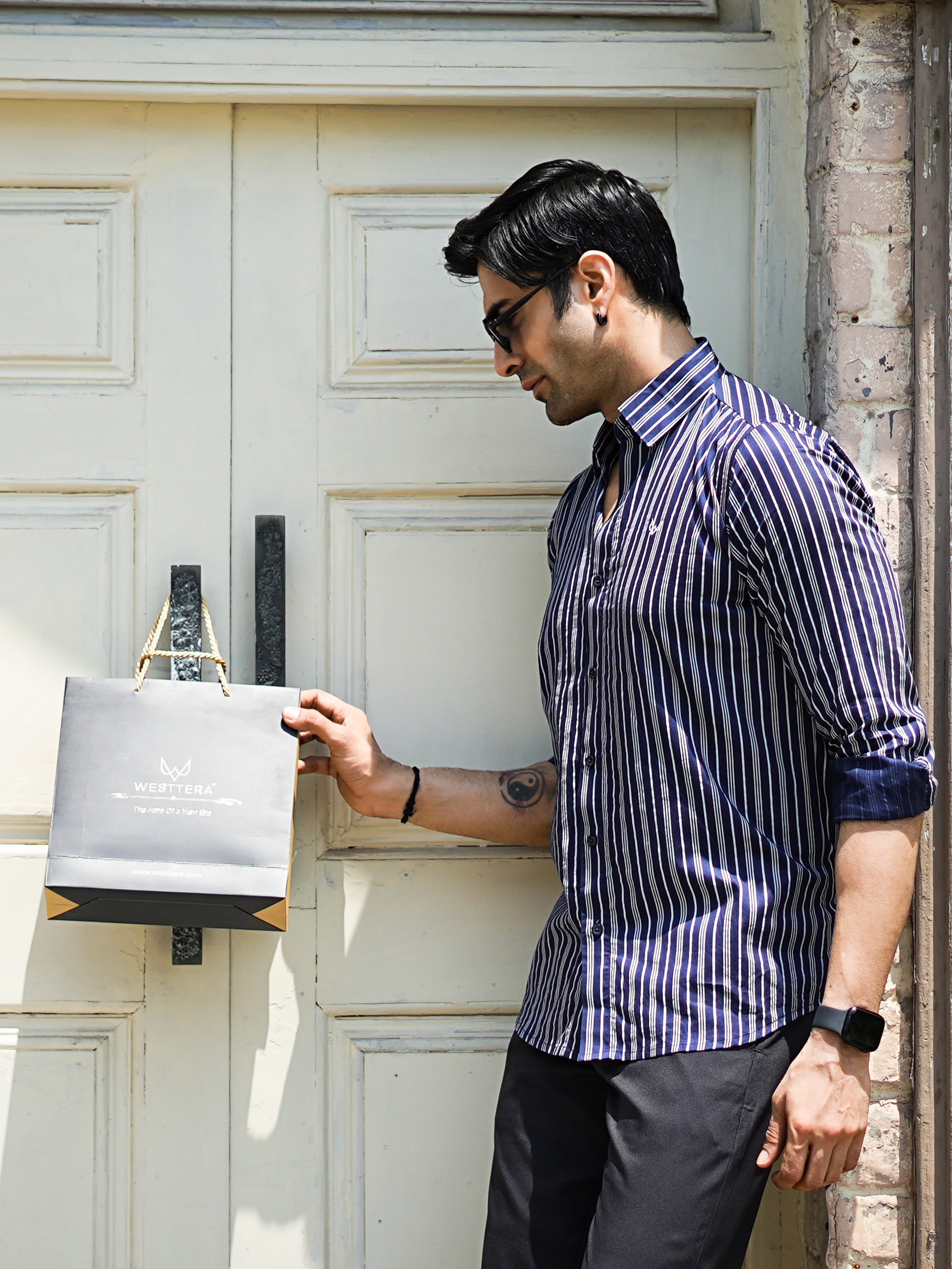 Navy & White Striped Formal Shirt