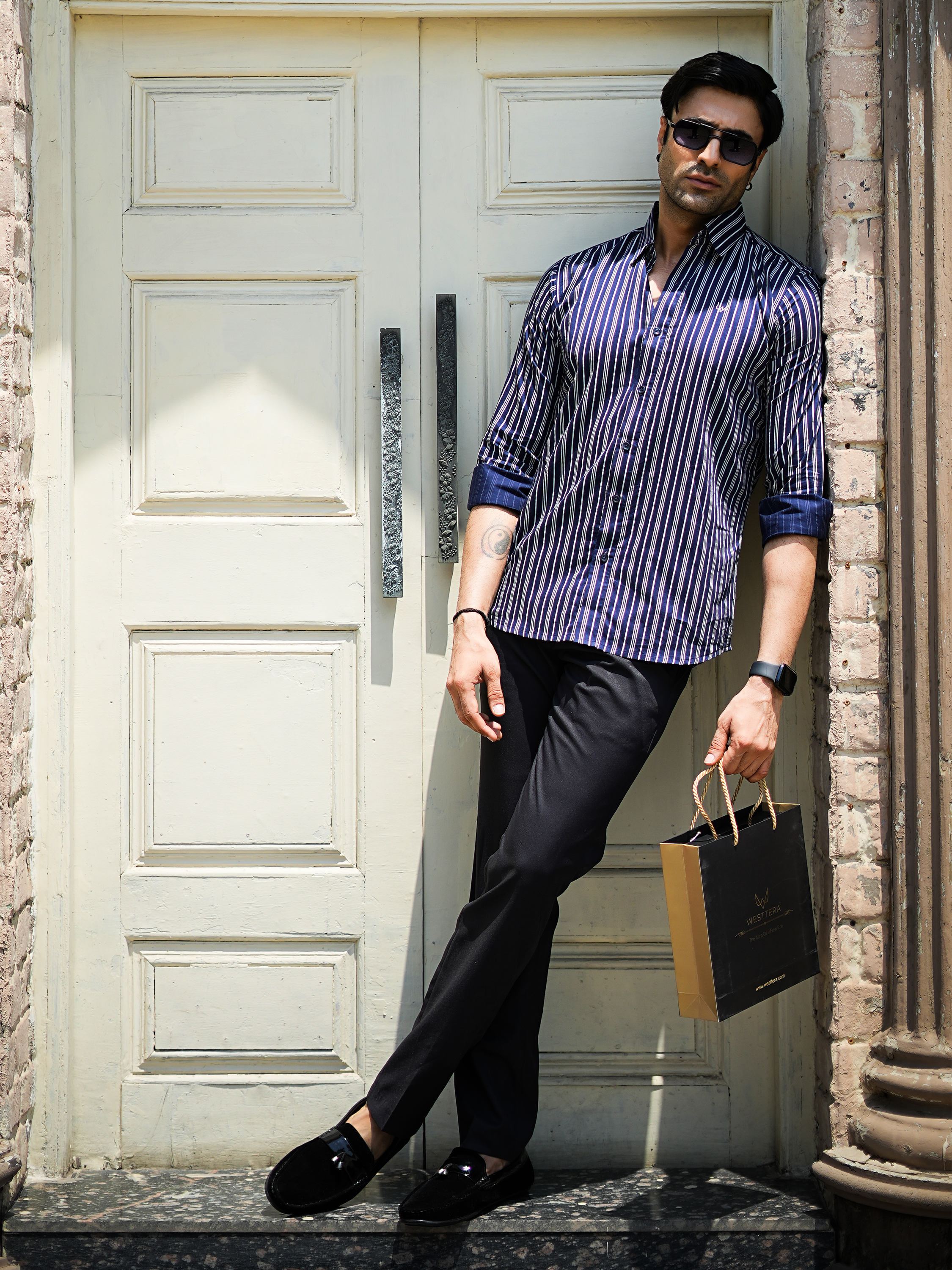 Navy & White Striped Formal Shirt