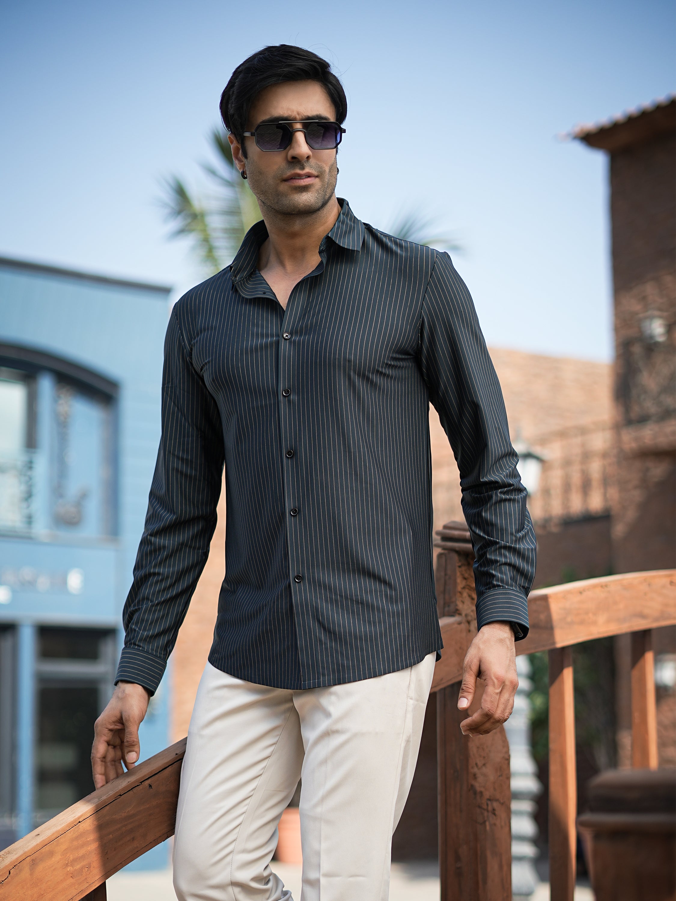 Stitchless Dark Green Pinstripe Shirt