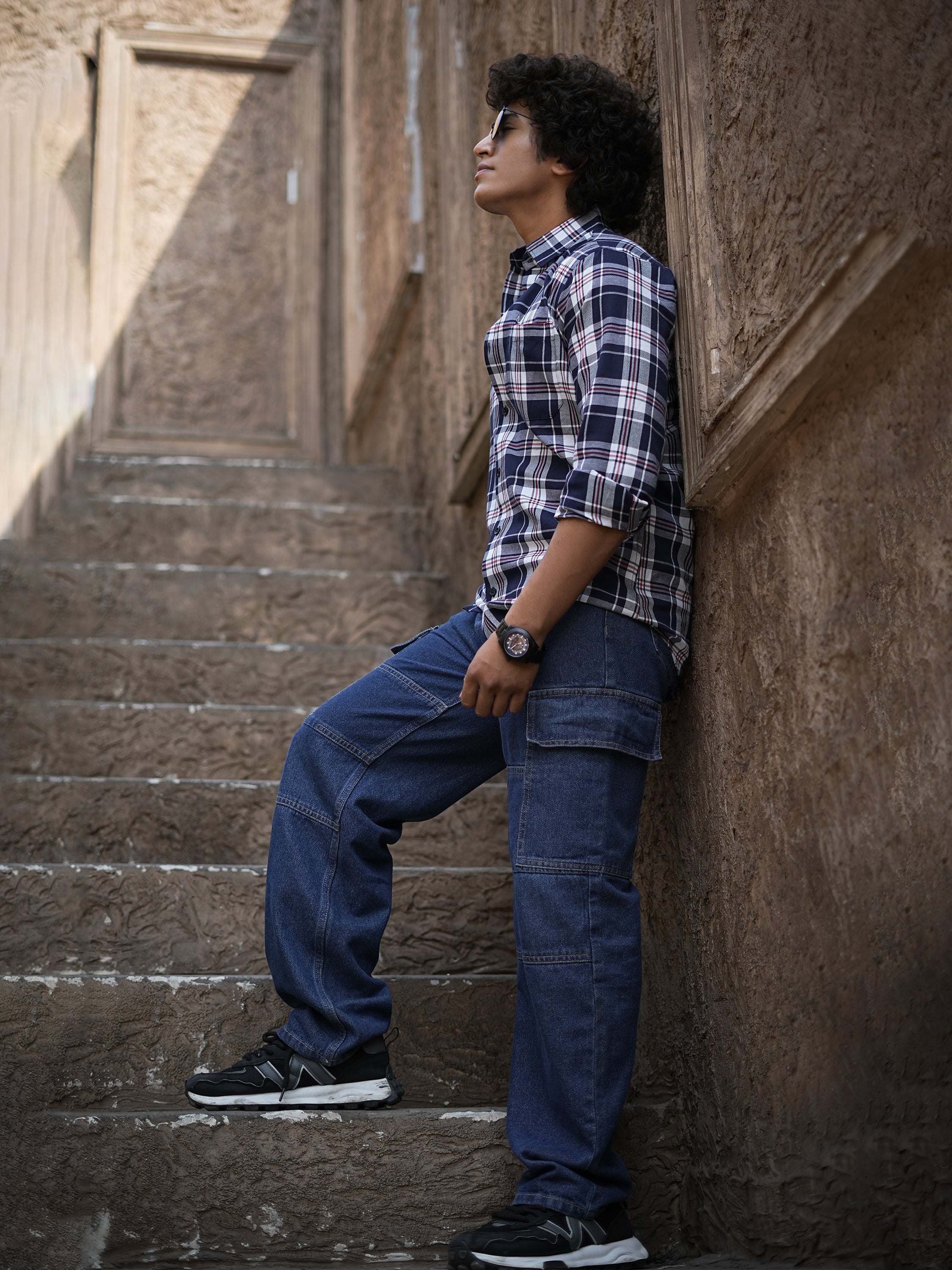 Navy Blue & White Plaid Shirt