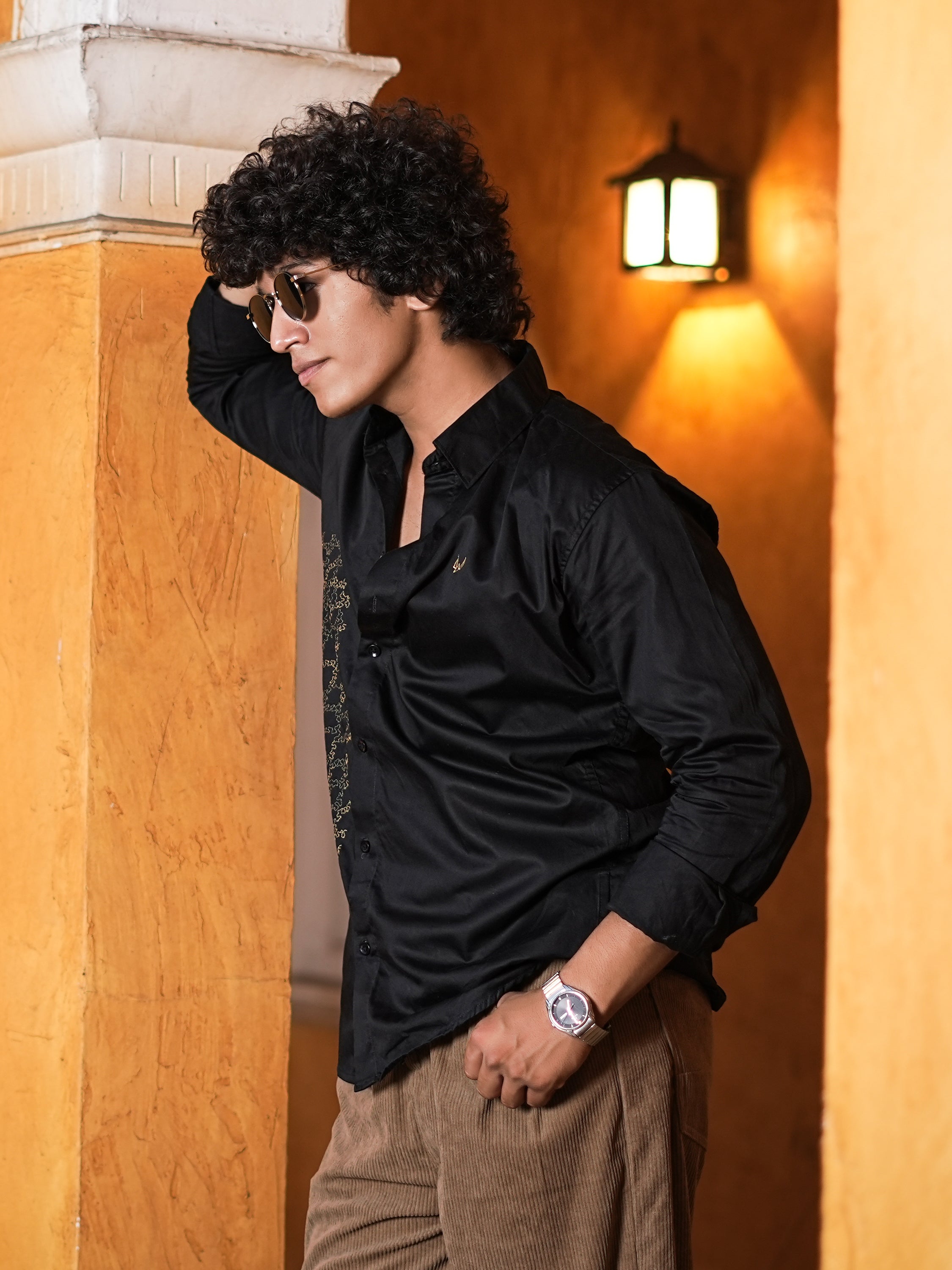 Gold Embroidered Black Shirt