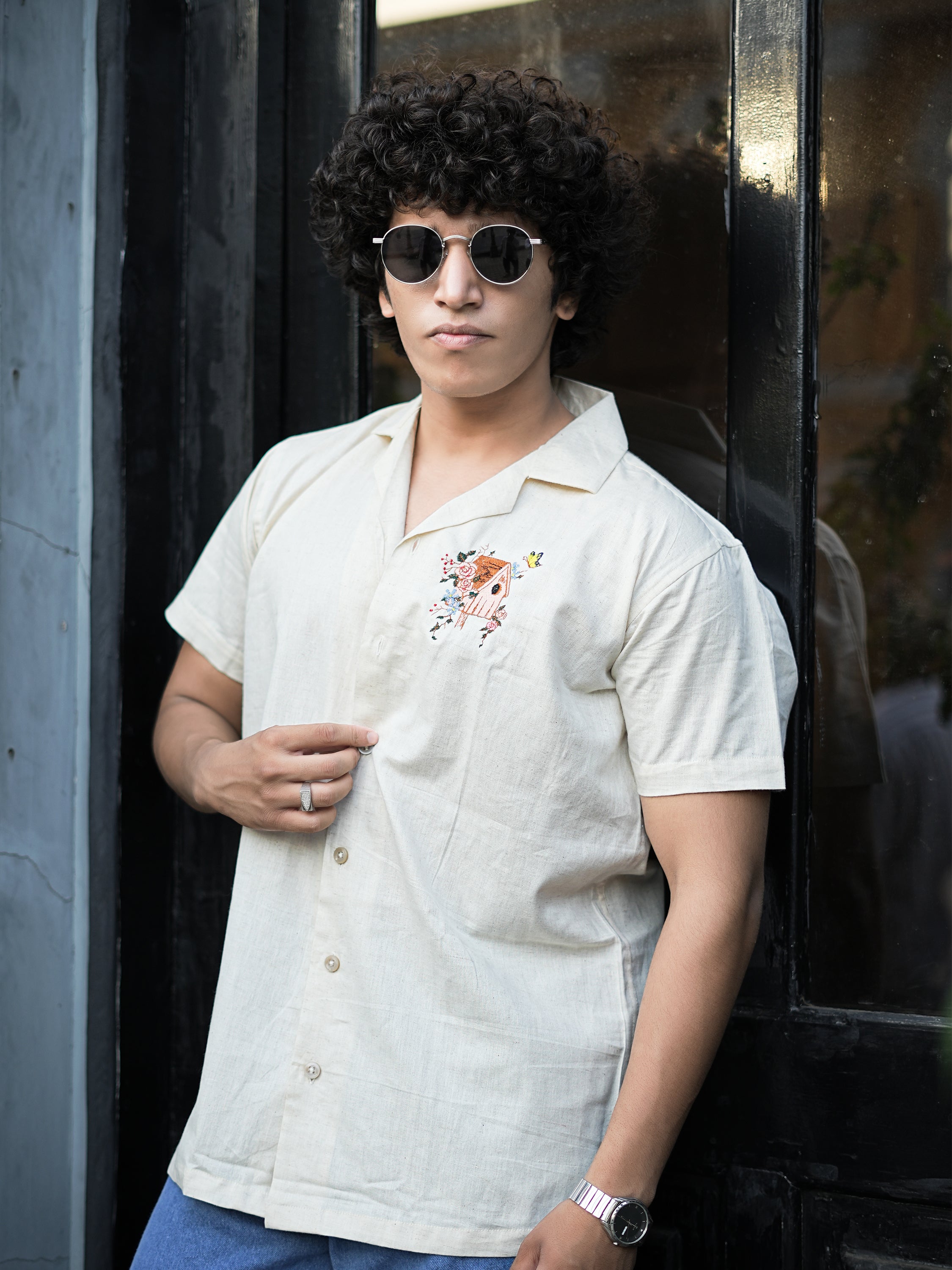 Birdhouse Blossom Embroidery Linen Shirt