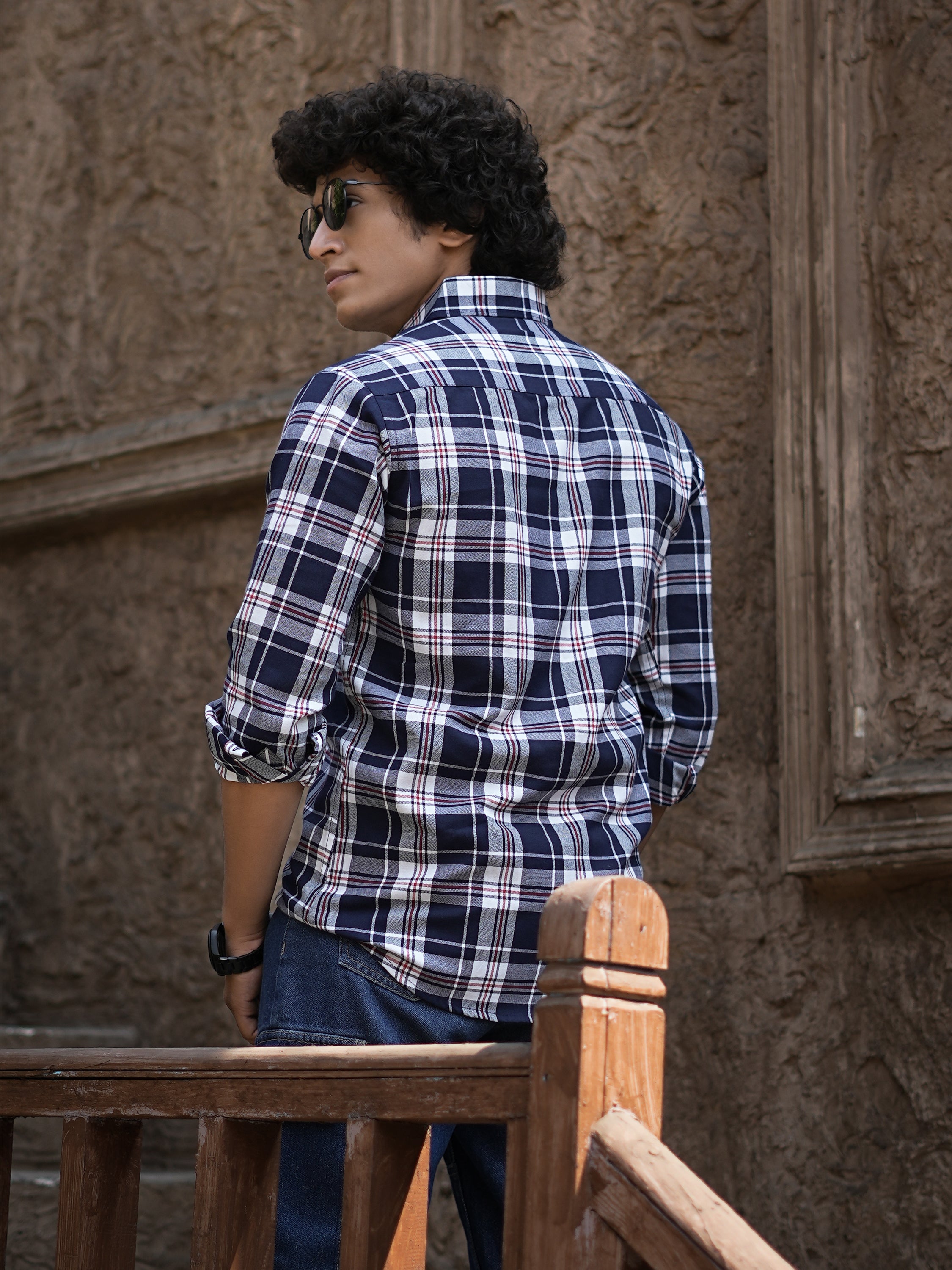 Navy Blue & White Plaid Shirt