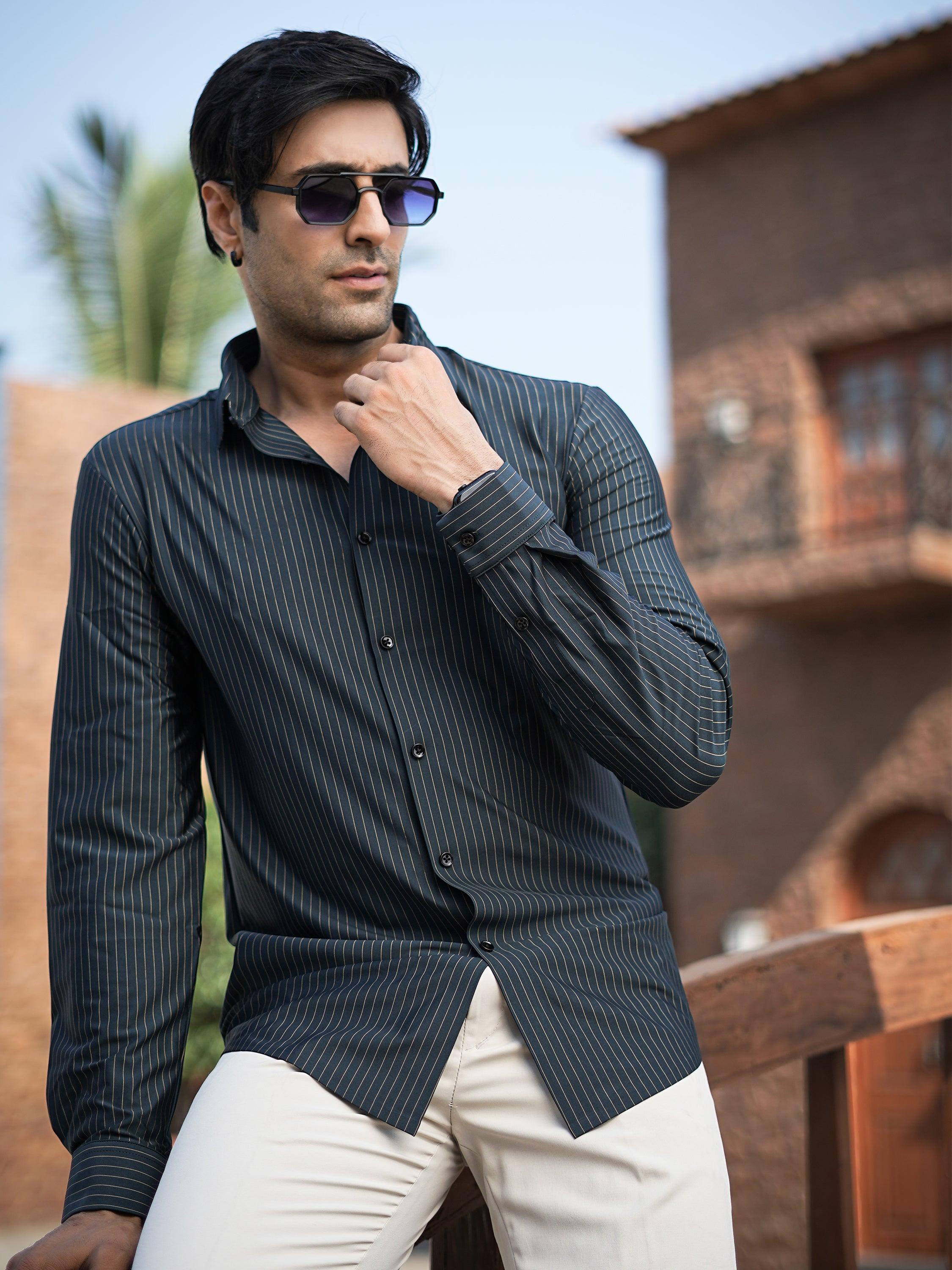 Stitchless Dark Green Pinstripe Shirt