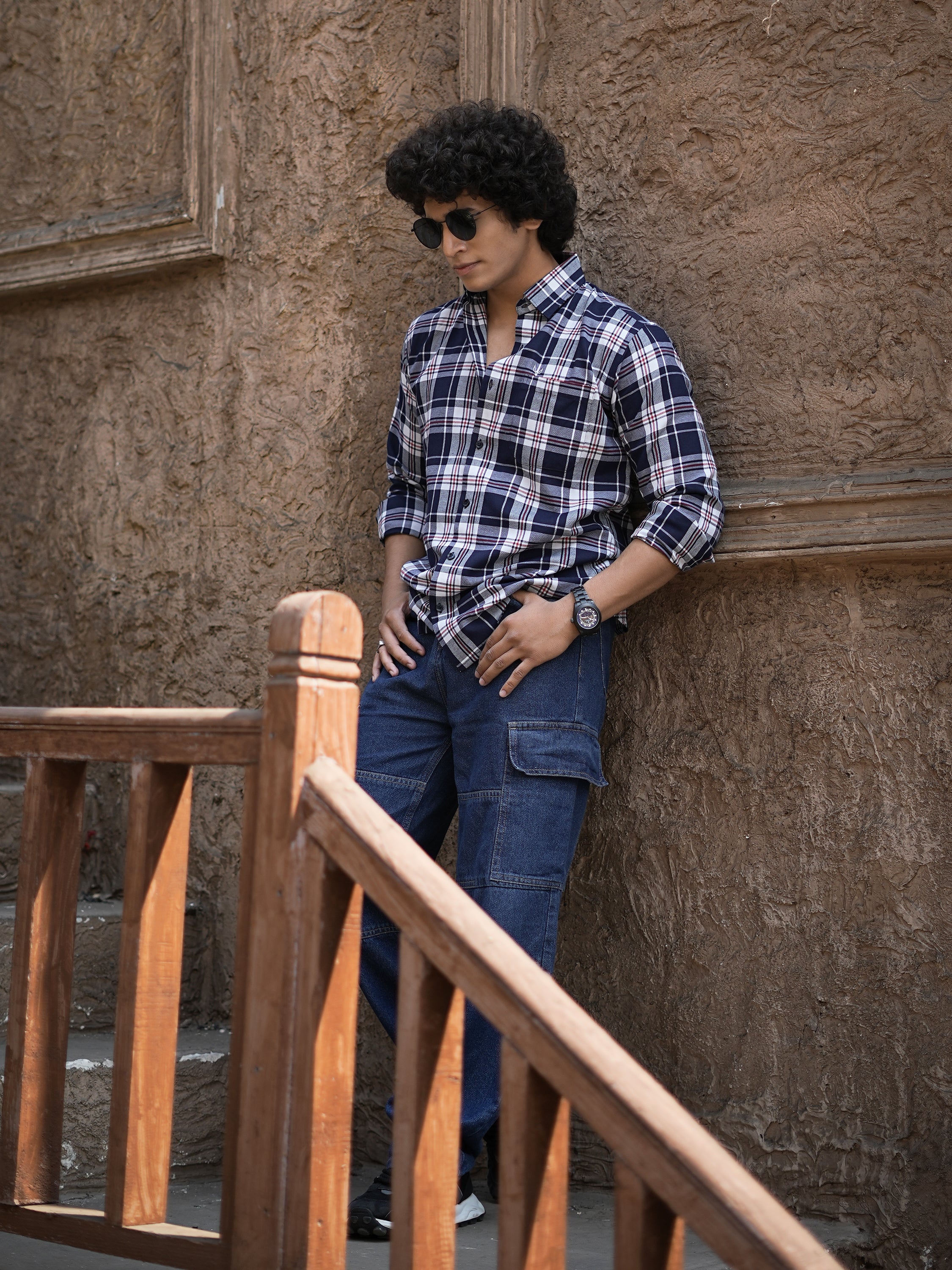 Navy Blue & White Plaid Shirt