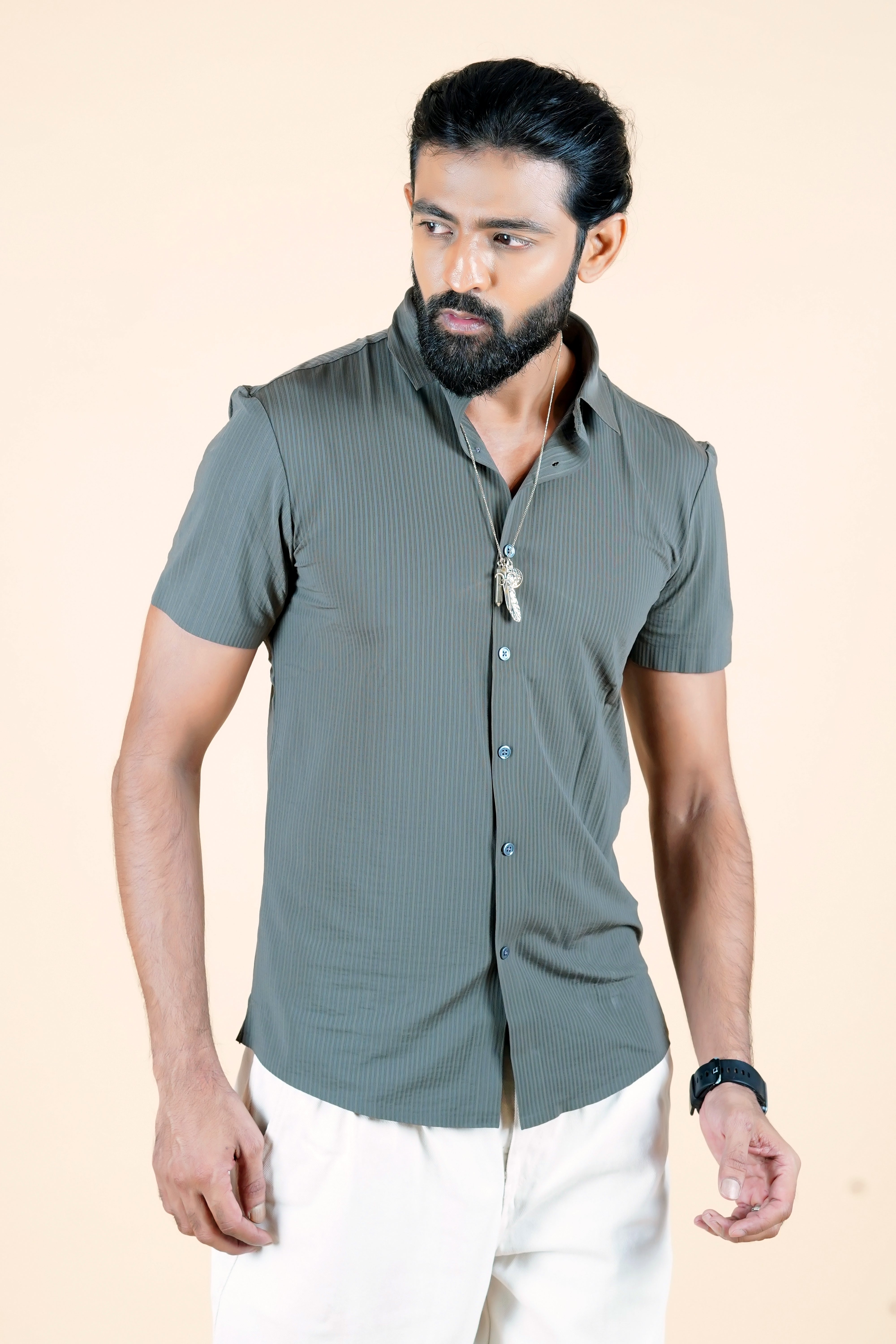 Gray Stitchless Striped Short Sleeve Shirt