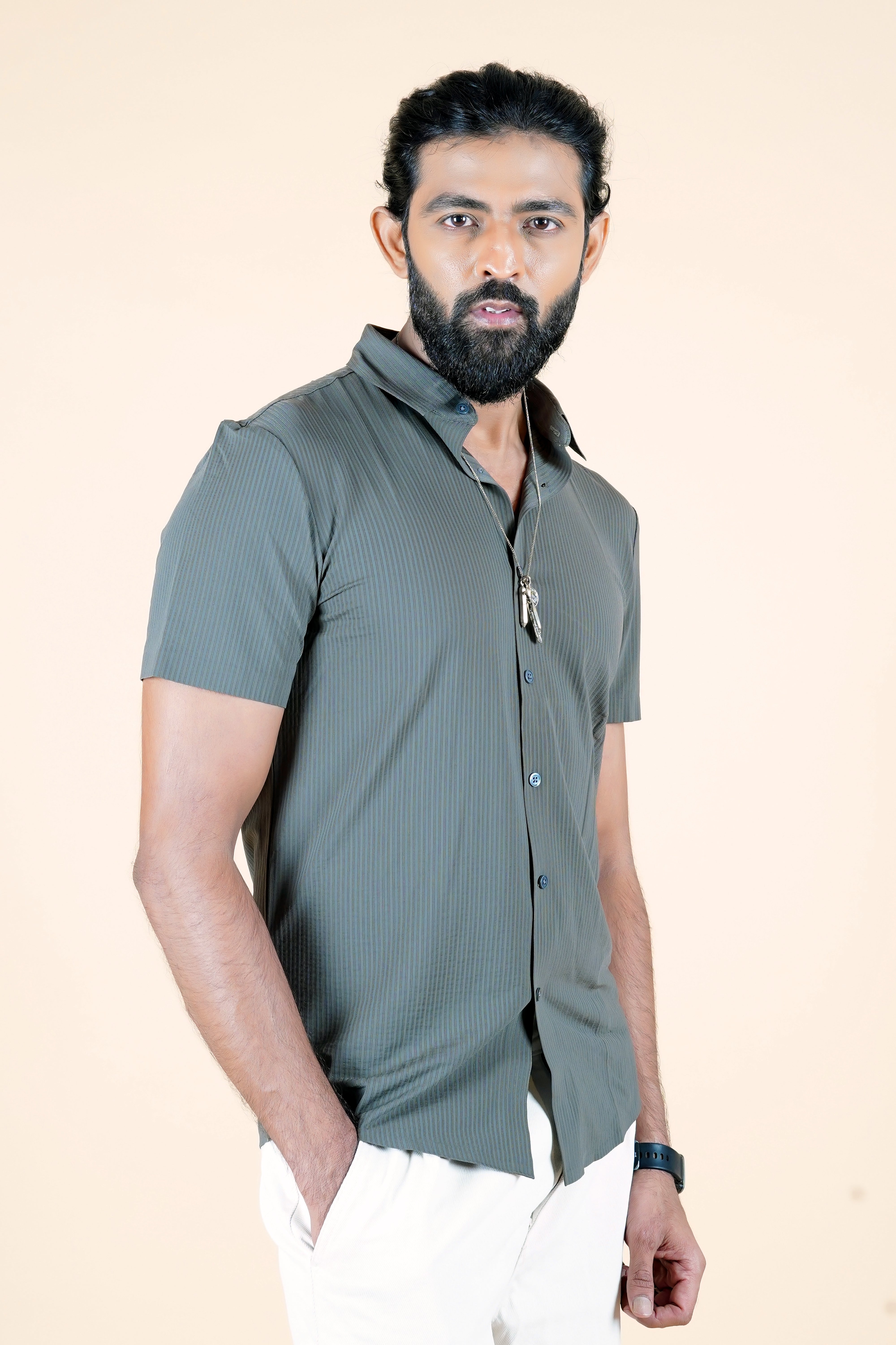 Gray Stitchless Striped Short Sleeve Shirt