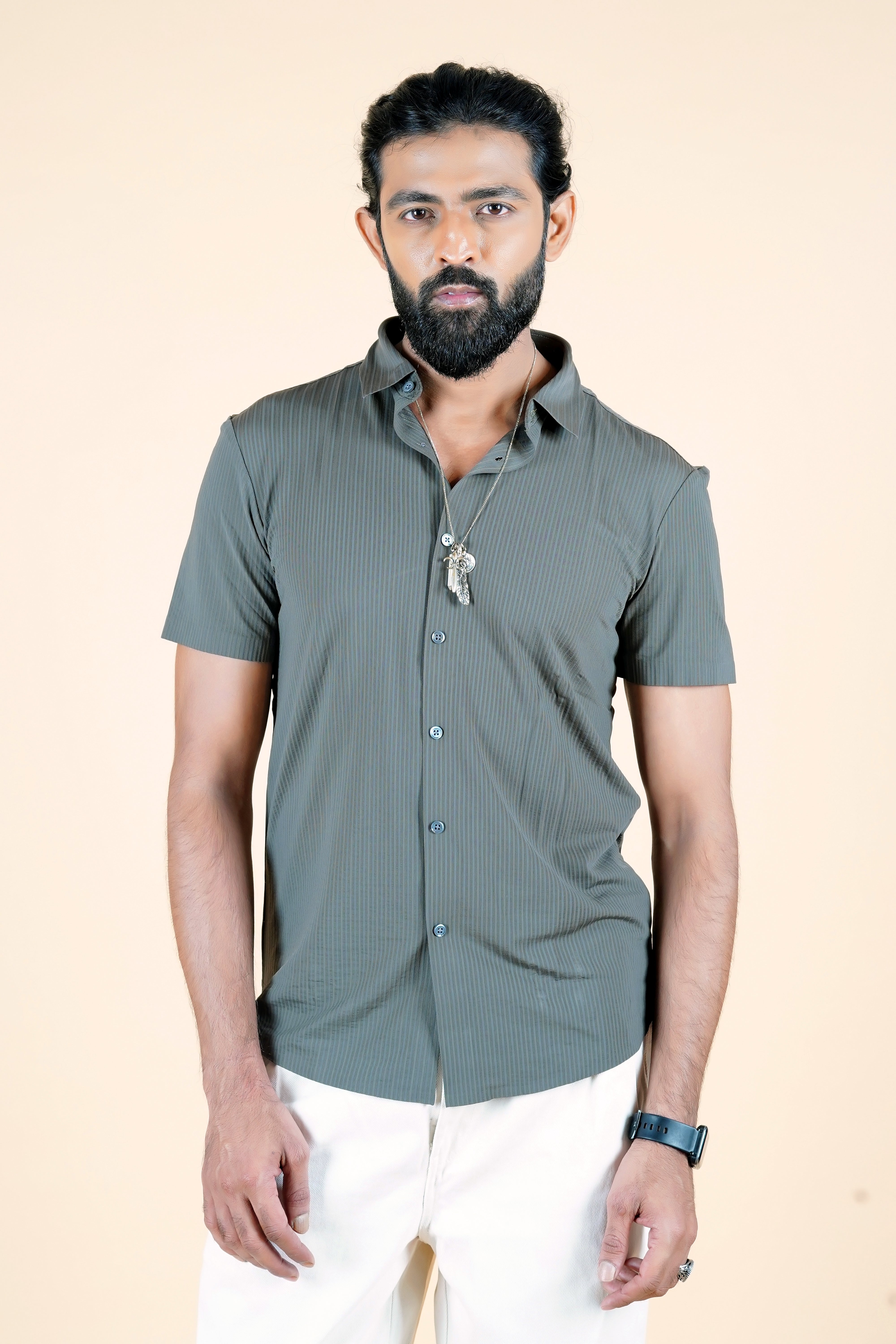 Gray Stitchless Striped Short Sleeve Shirt