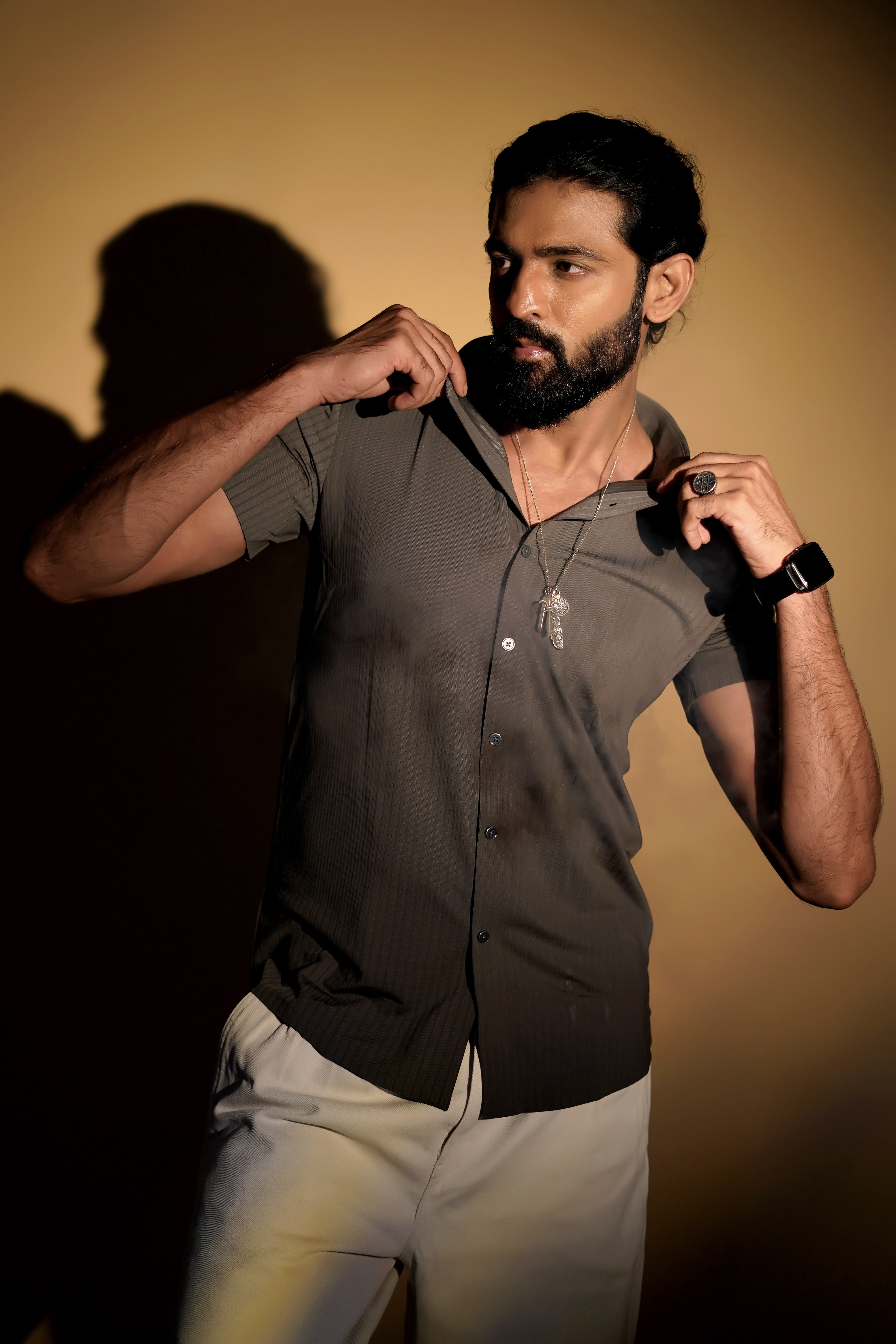 Gray Stitchless Striped Short Sleeve Shirt