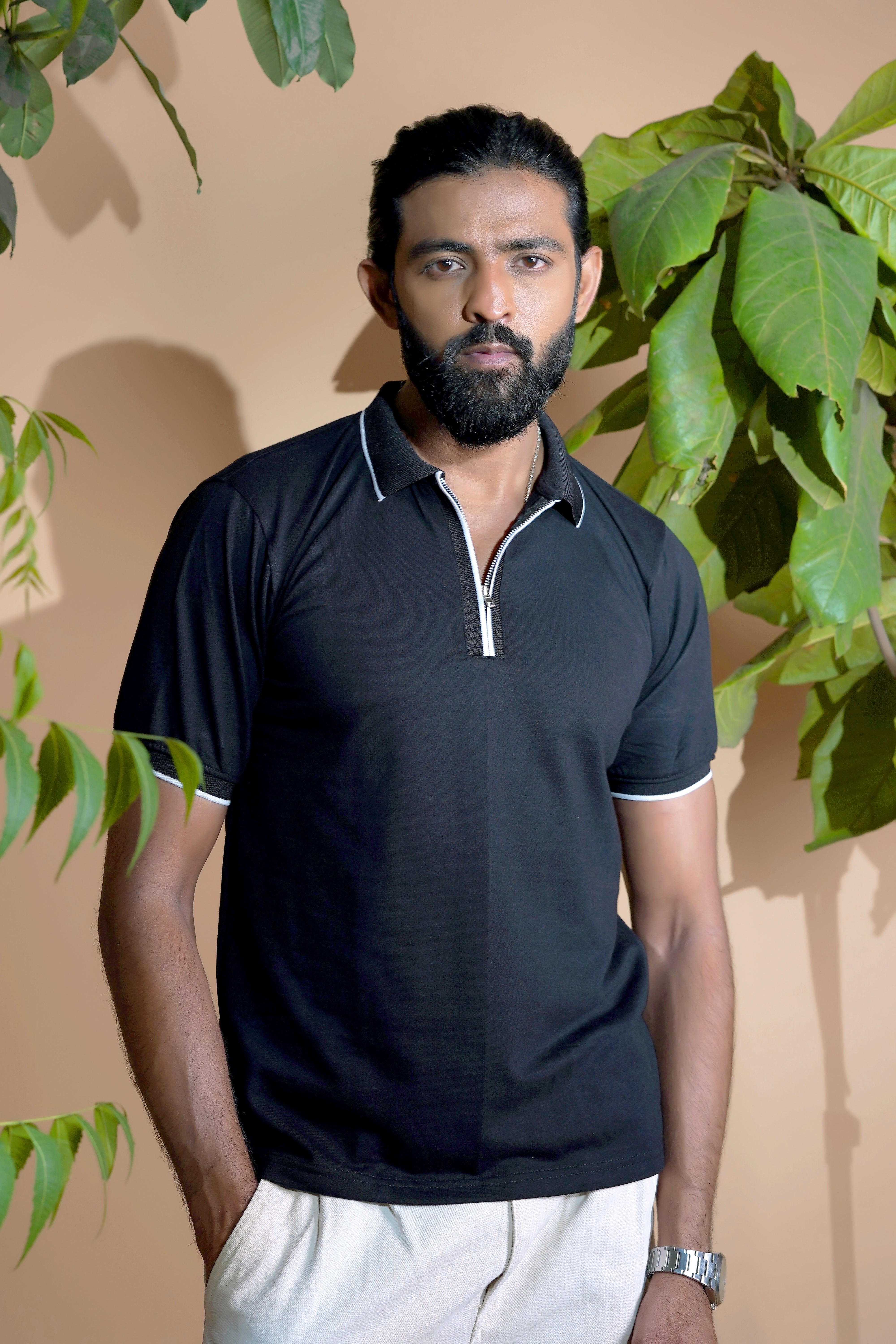 Charcoal Black Zip Polo T-Shirt