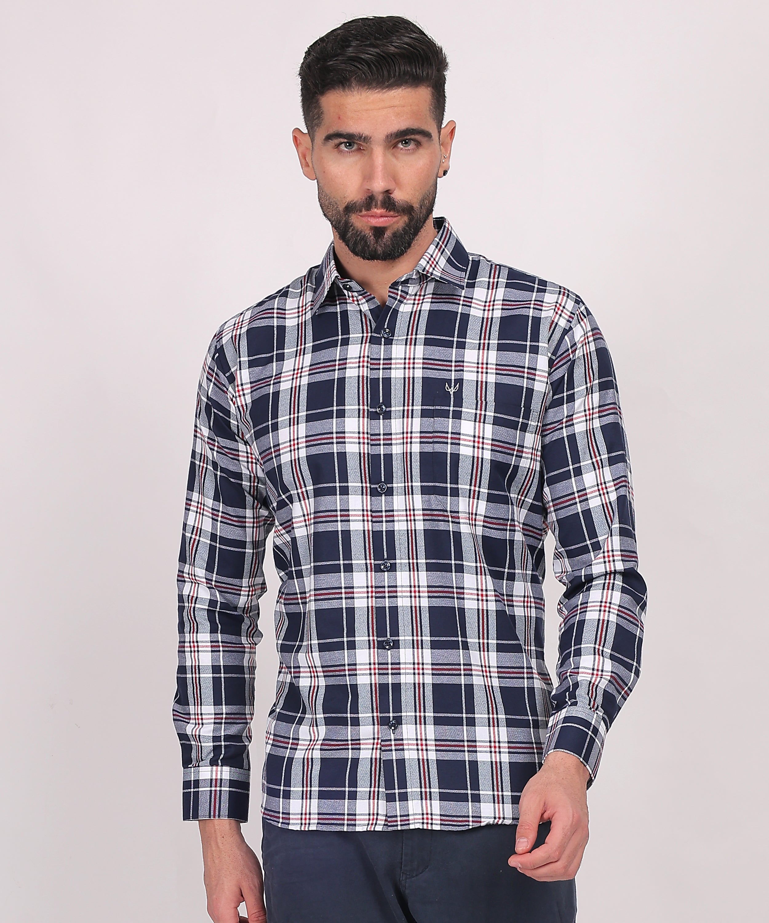 Navy Blue & White Plaid Shirt