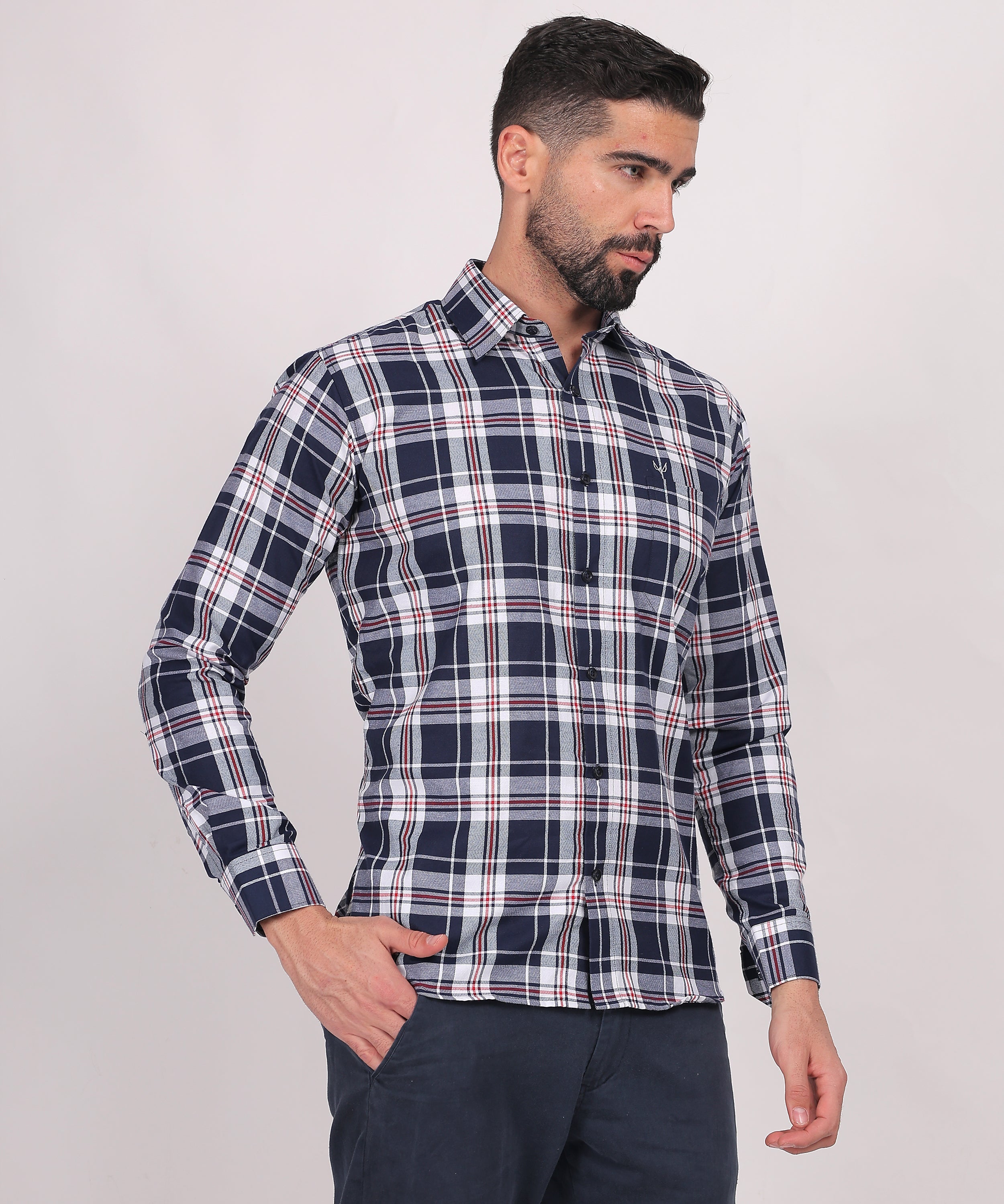 Navy Blue & White Plaid Shirt