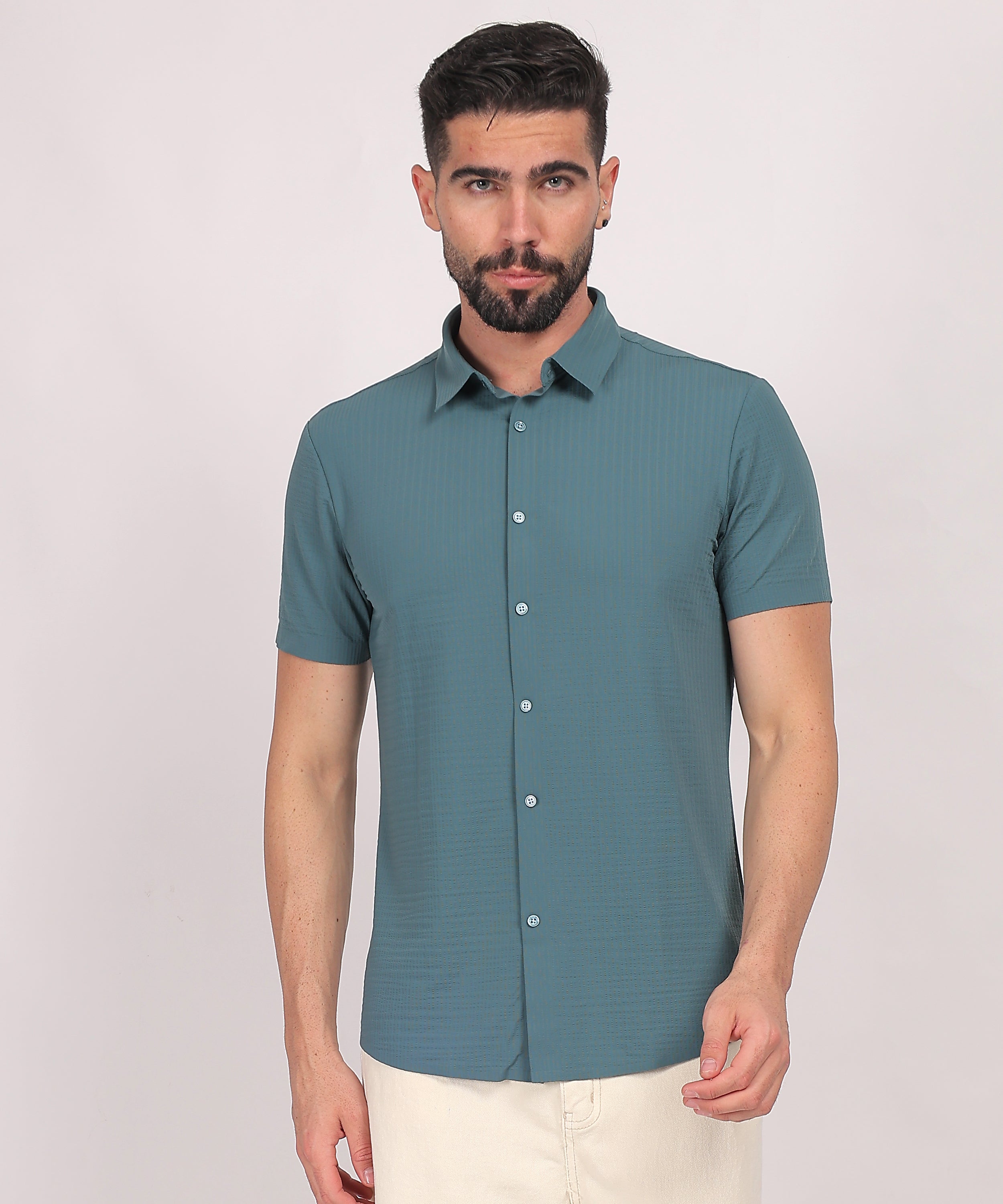 Teal Stitchless Textured Short Sleeve Shirt