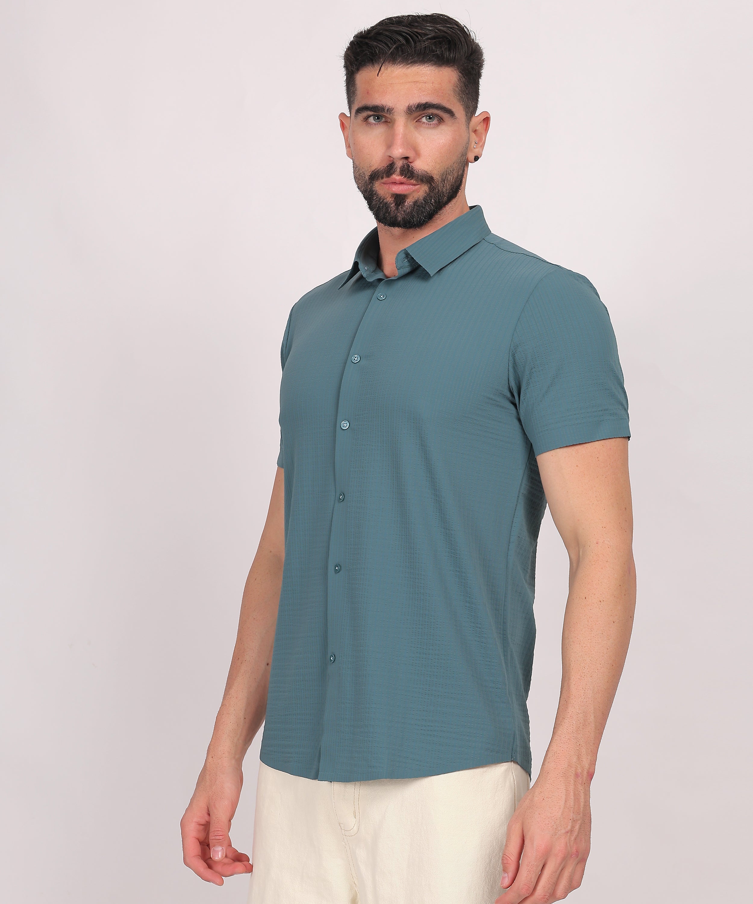 Teal Stitchless Textured Short Sleeve Shirt