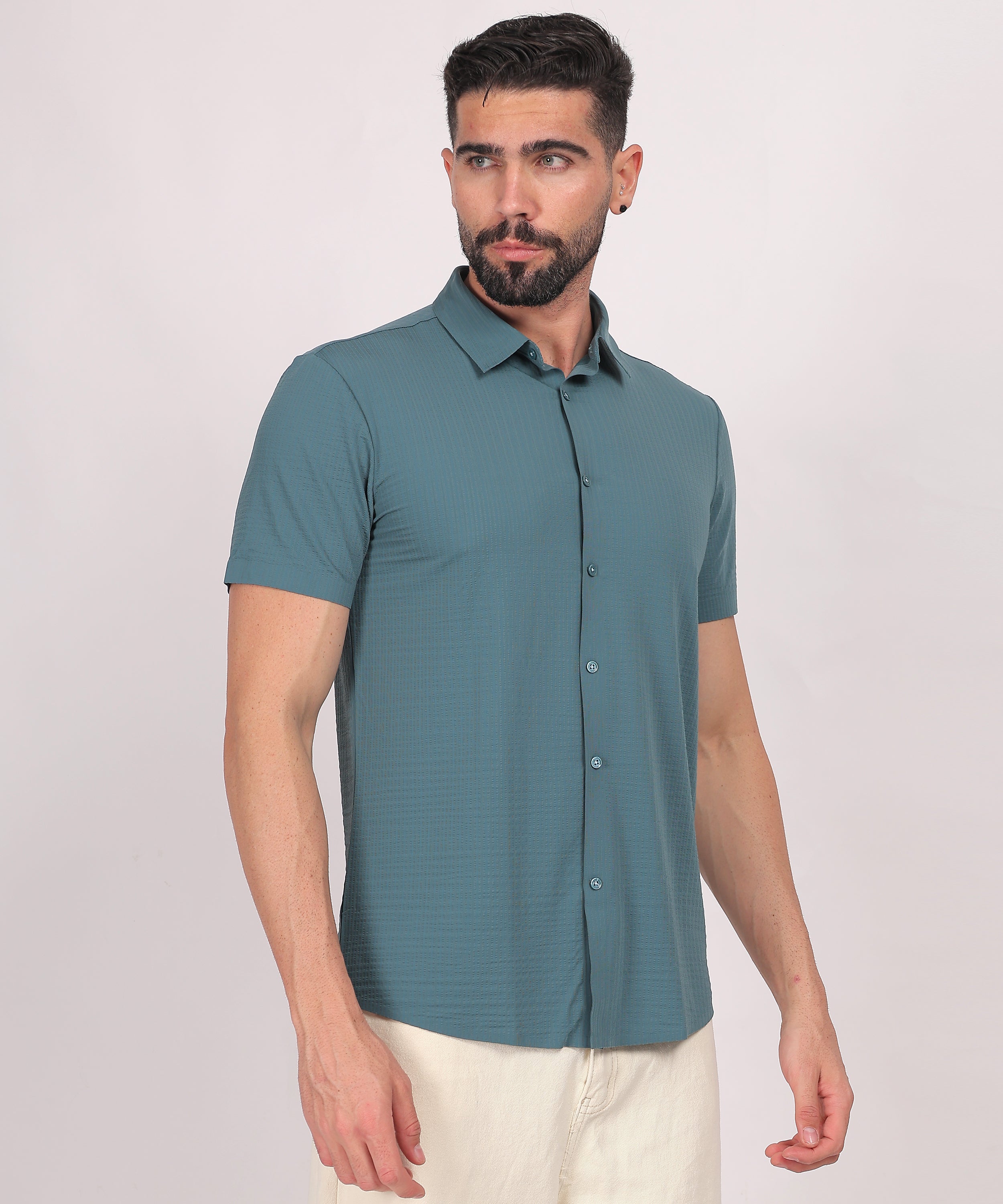 Teal Stitchless Textured Short Sleeve Shirt