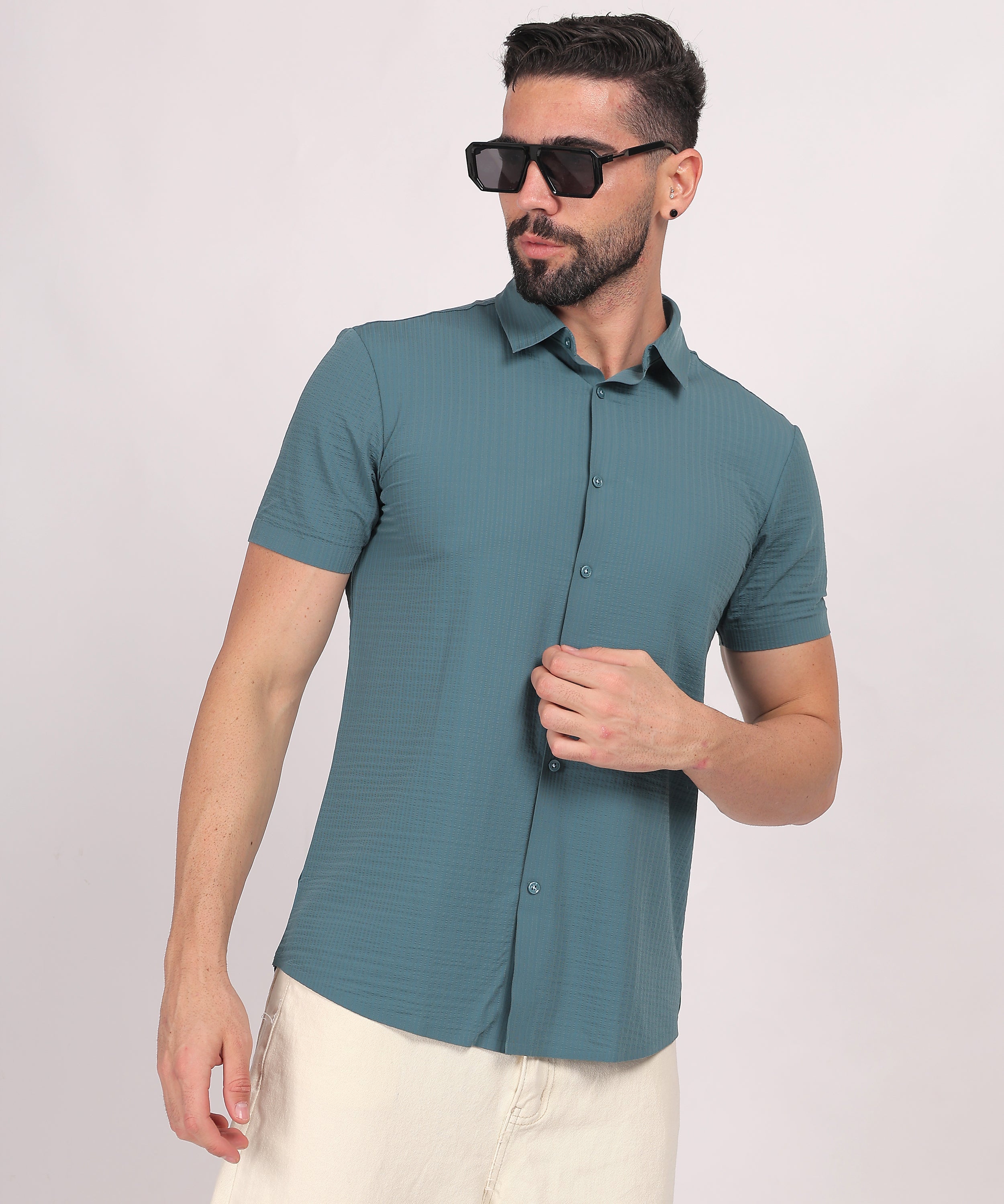 Teal Stitchless Textured Short Sleeve Shirt