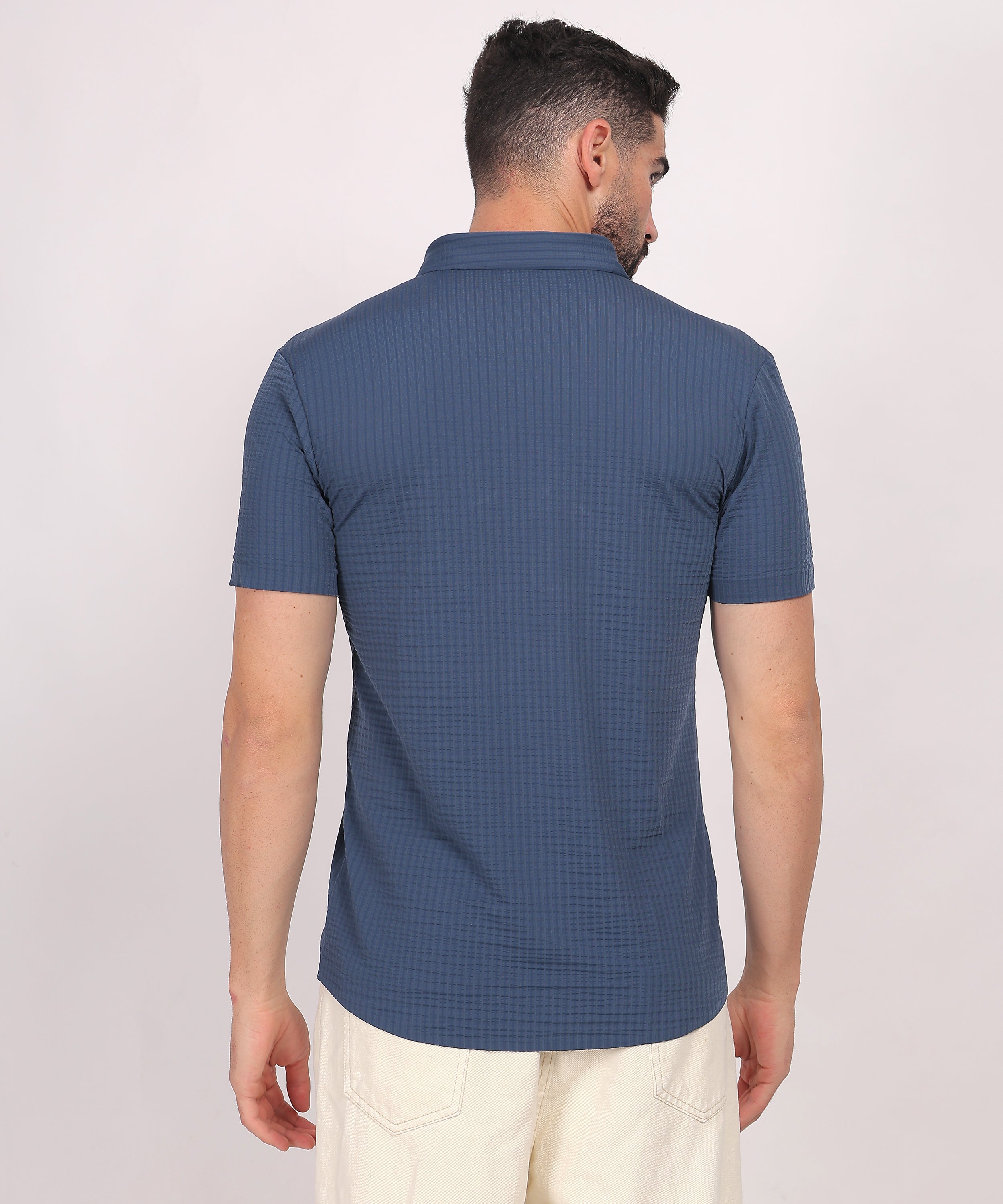 Navy Blue Stitchless Textured Short Sleeve Shirt