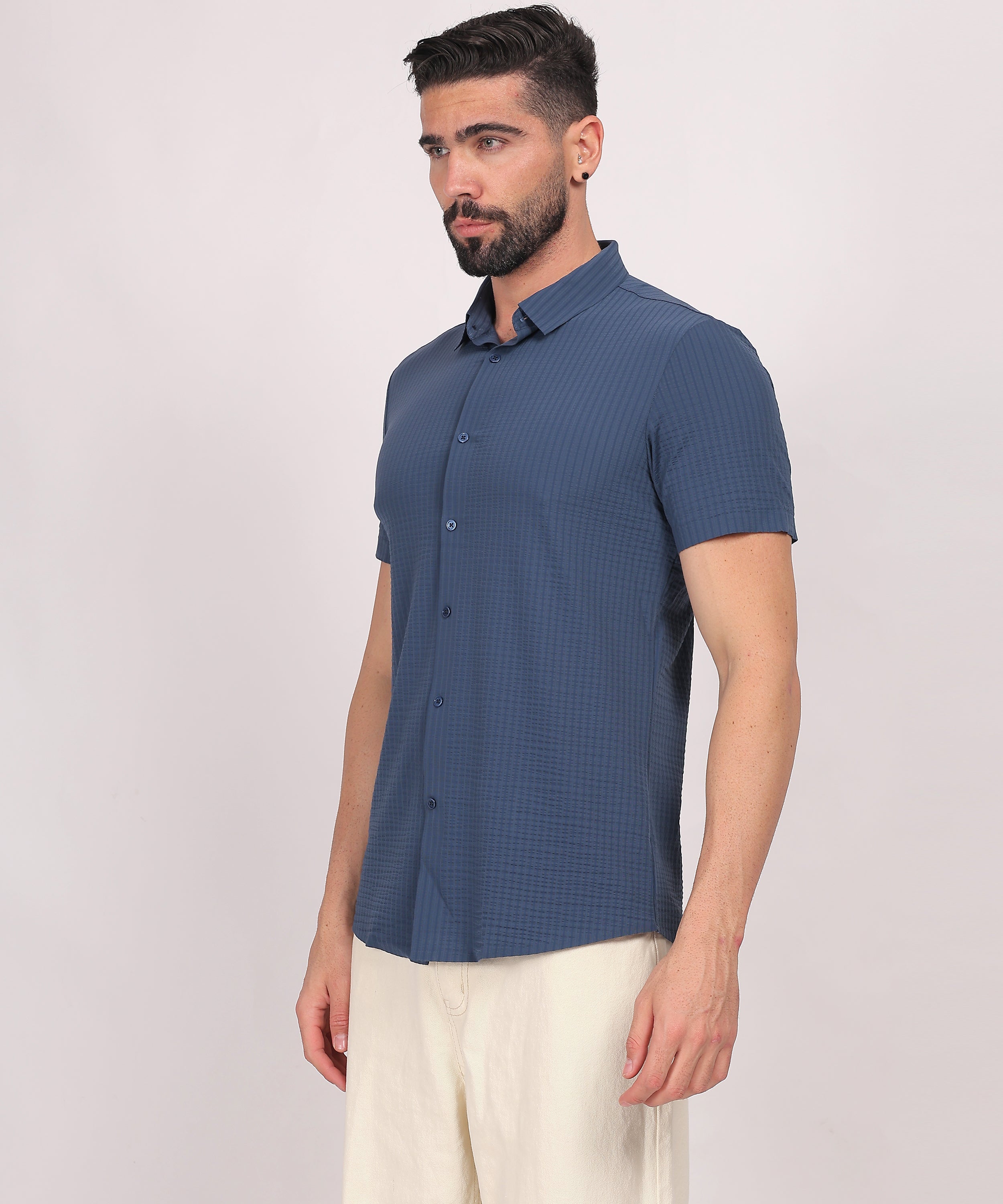Navy Blue Stitchless Textured Short Sleeve Shirt