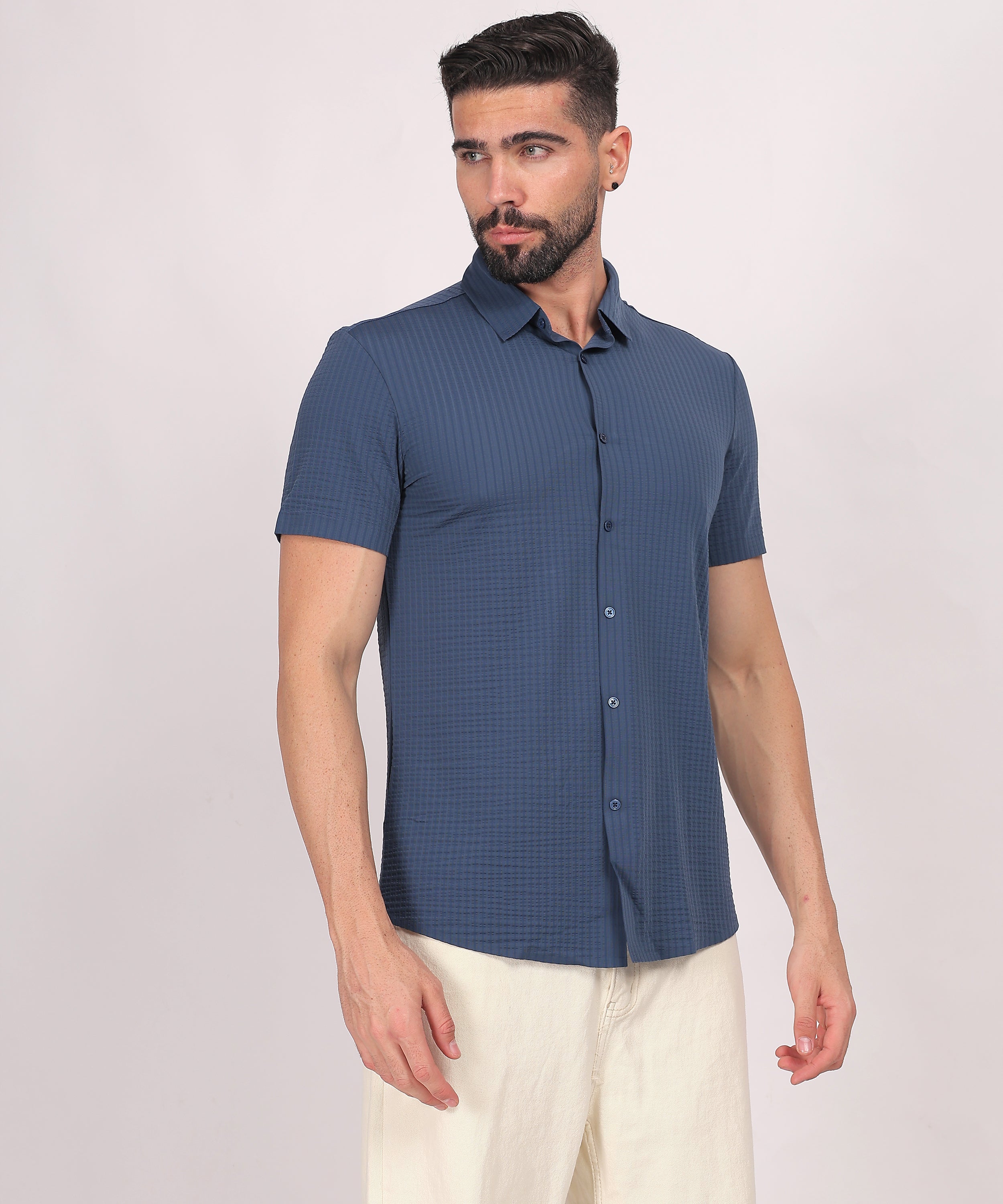 Navy Blue Stitchless Textured Short Sleeve Shirt