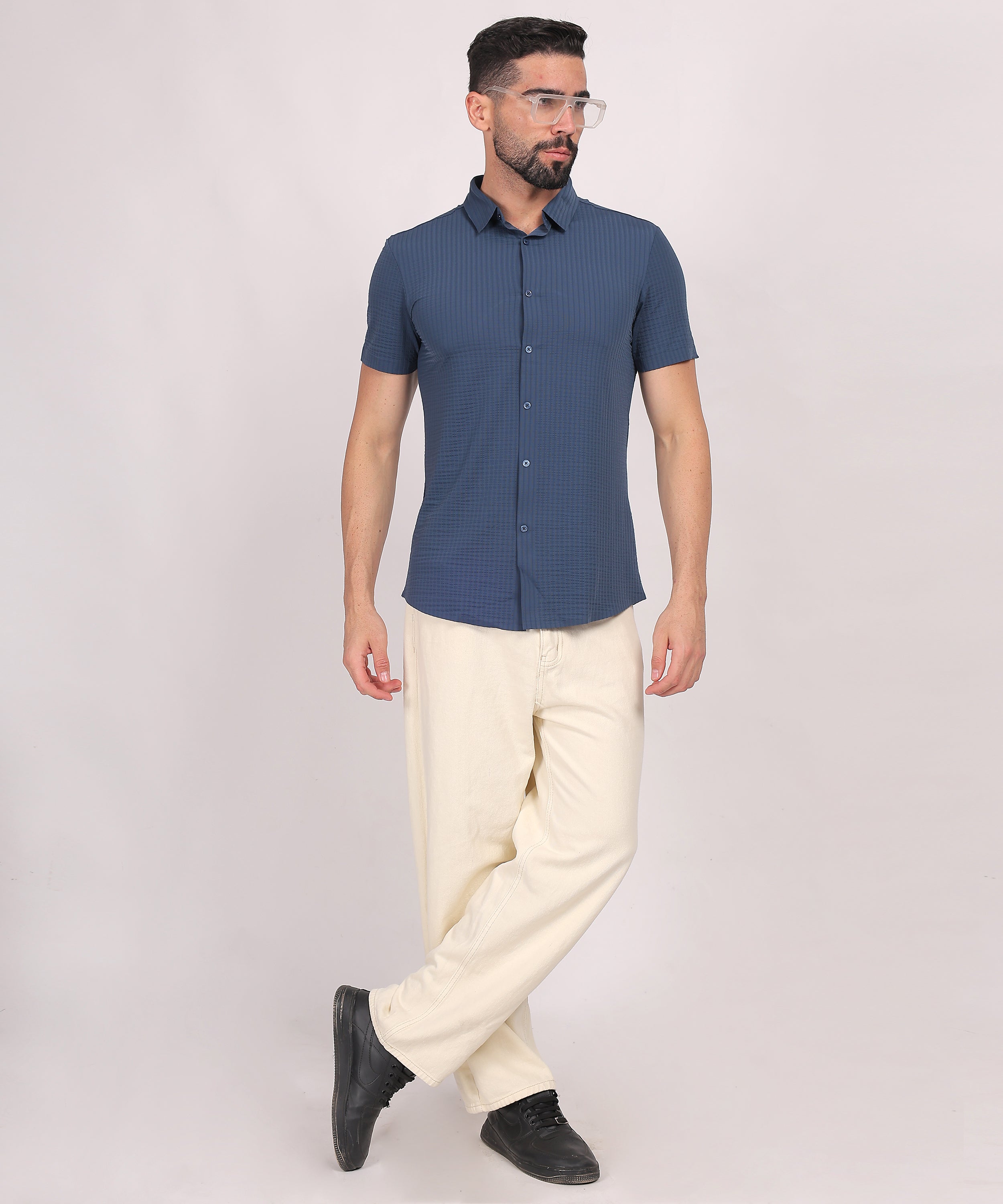 Navy Blue Stitchless Textured Short Sleeve Shirt