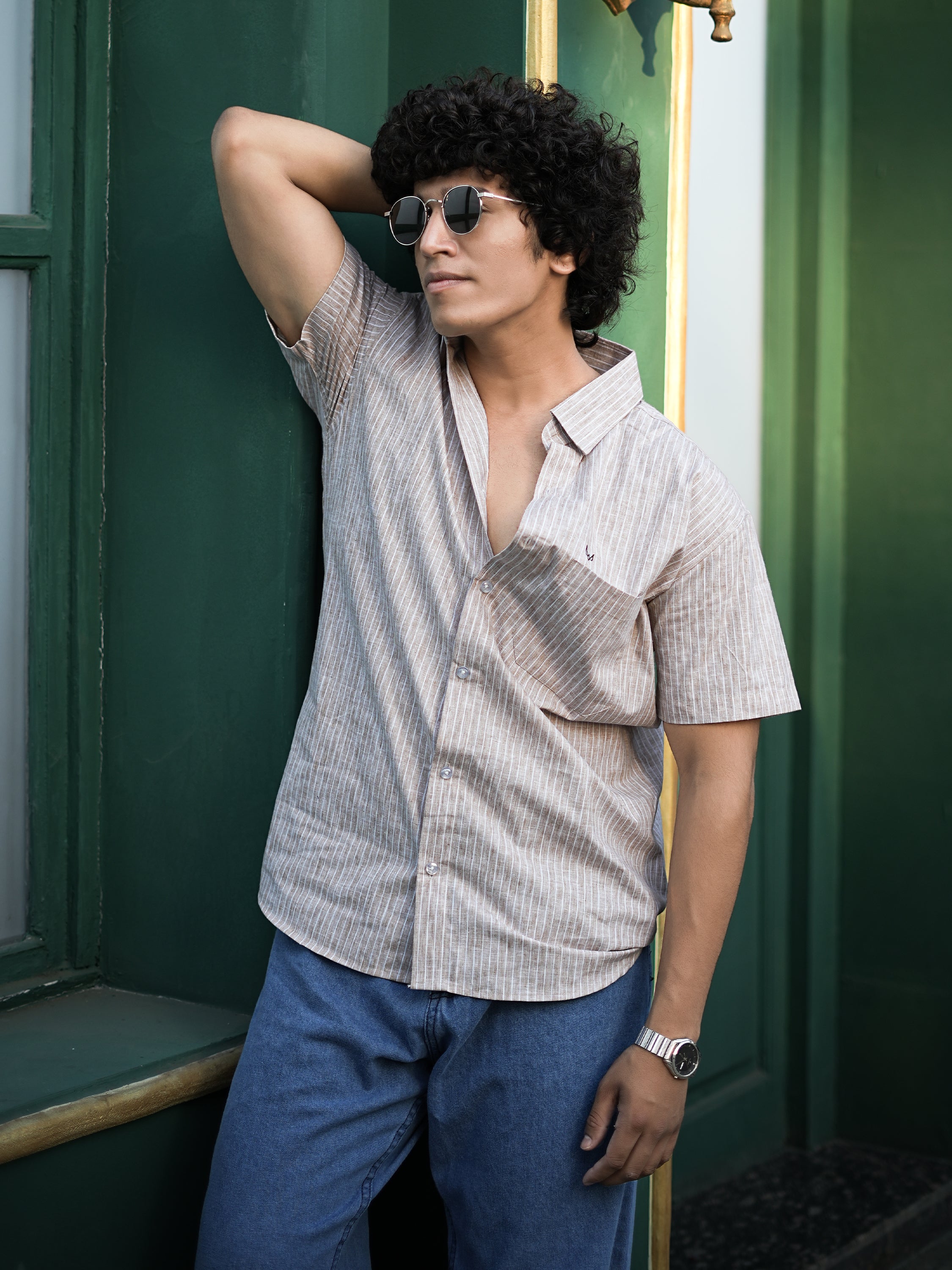 Beige Striped Casual Shirt – Half Sleeve