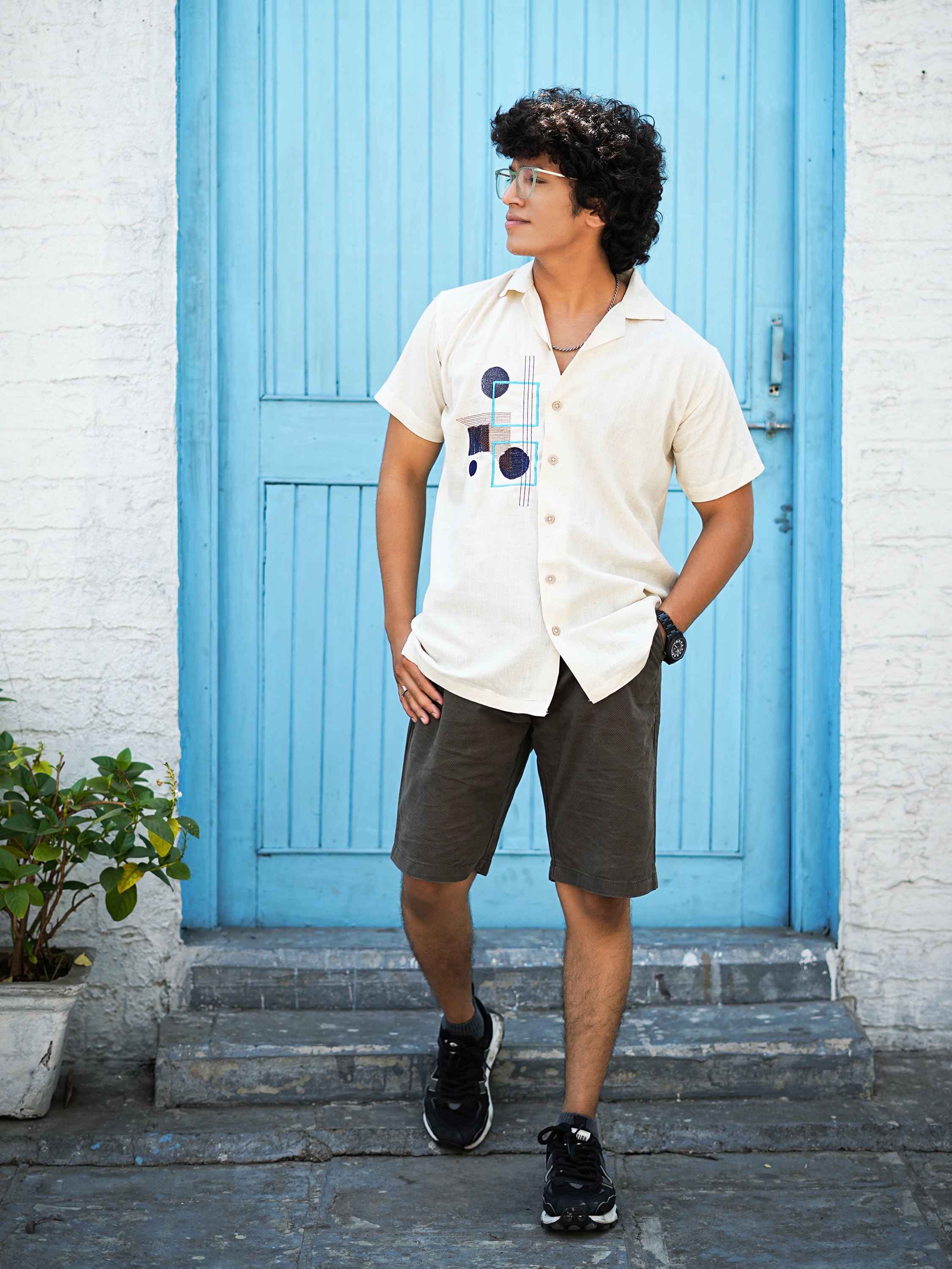 Abstract Geometry Embroidery Linen Shirt