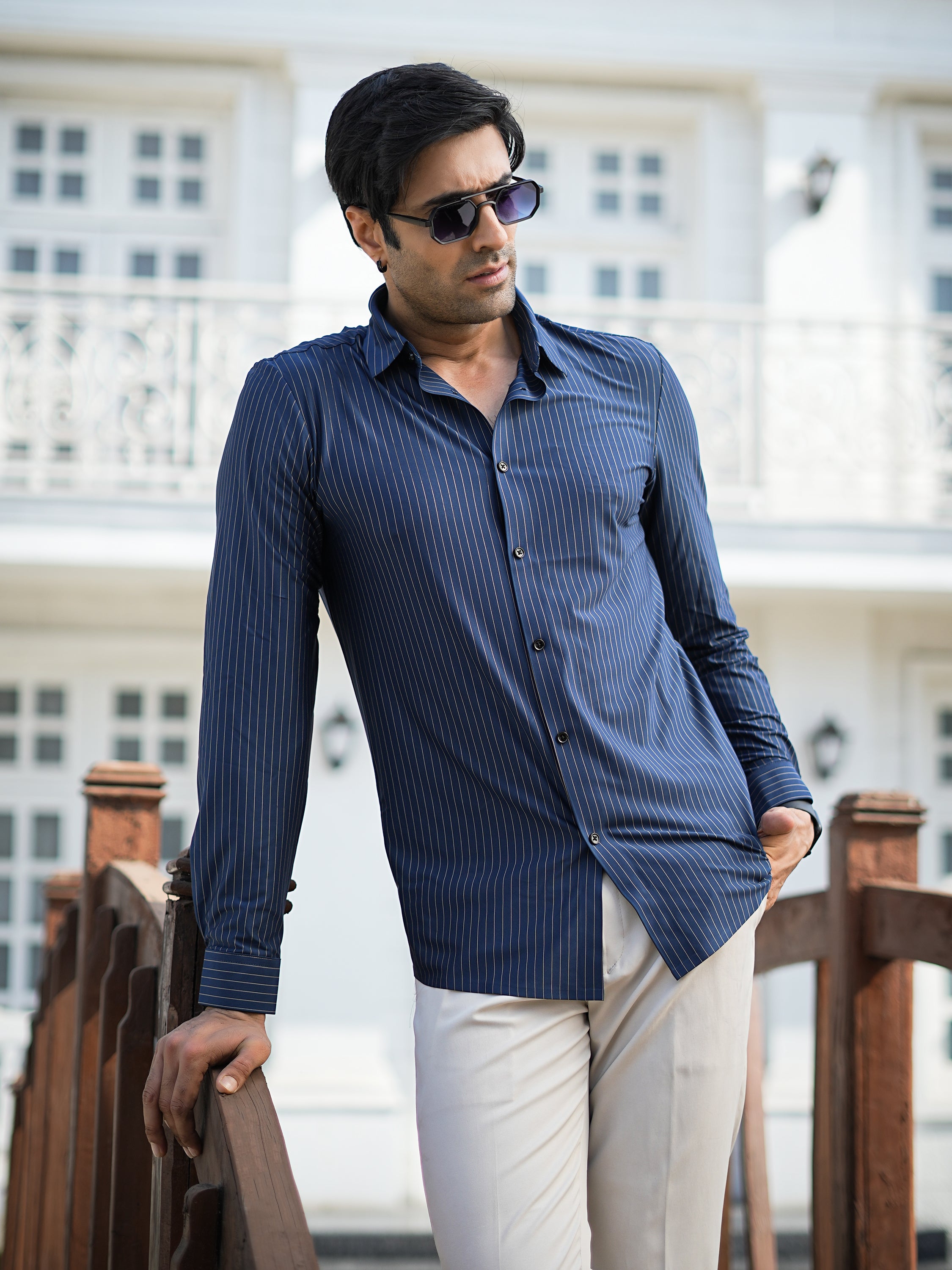 Stitchless Navy Blue Pinstripe Shirt