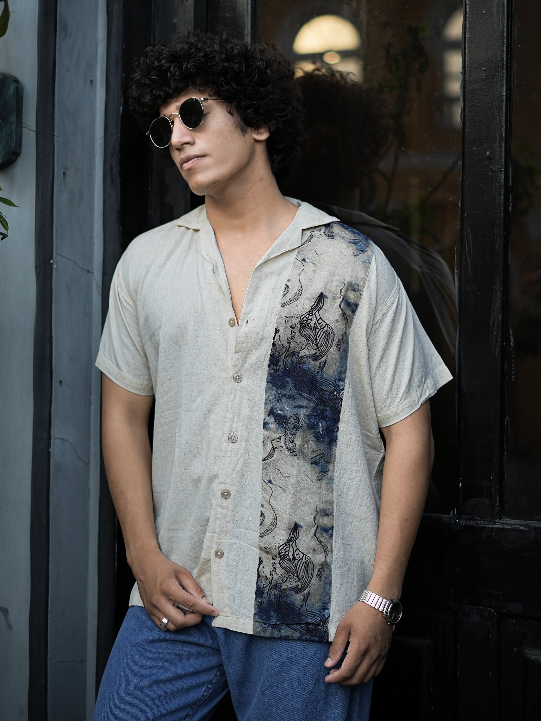 Abstract Ink Panel Linen Shirt