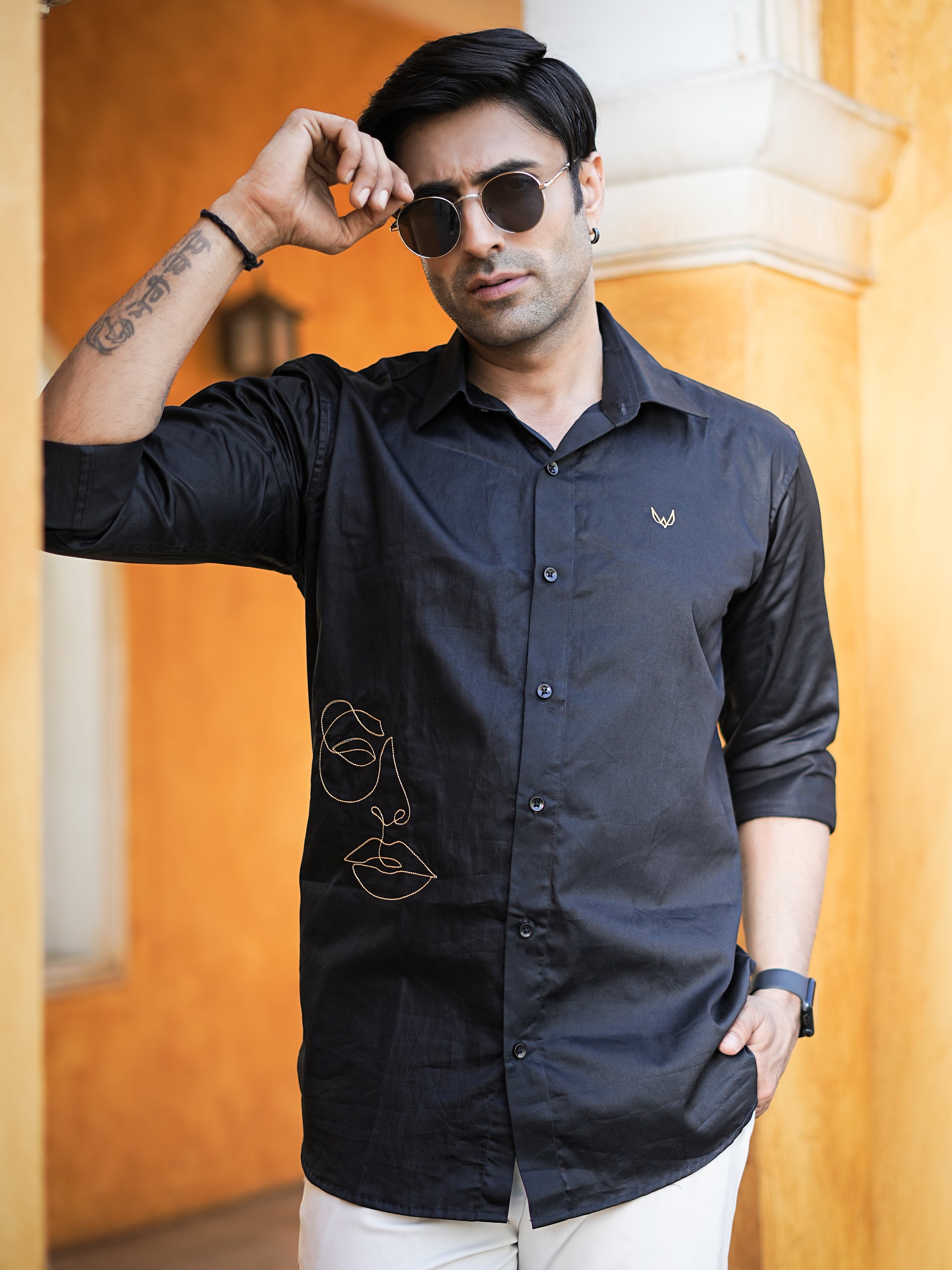 Golden Thread Face Embroidery Black Shirt