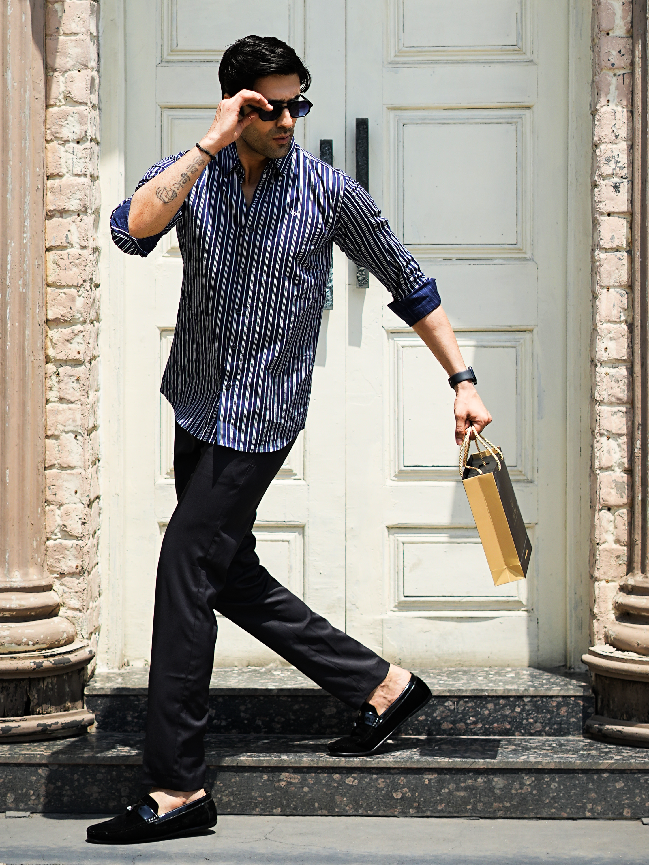 Navy & White Striped Formal Shirt