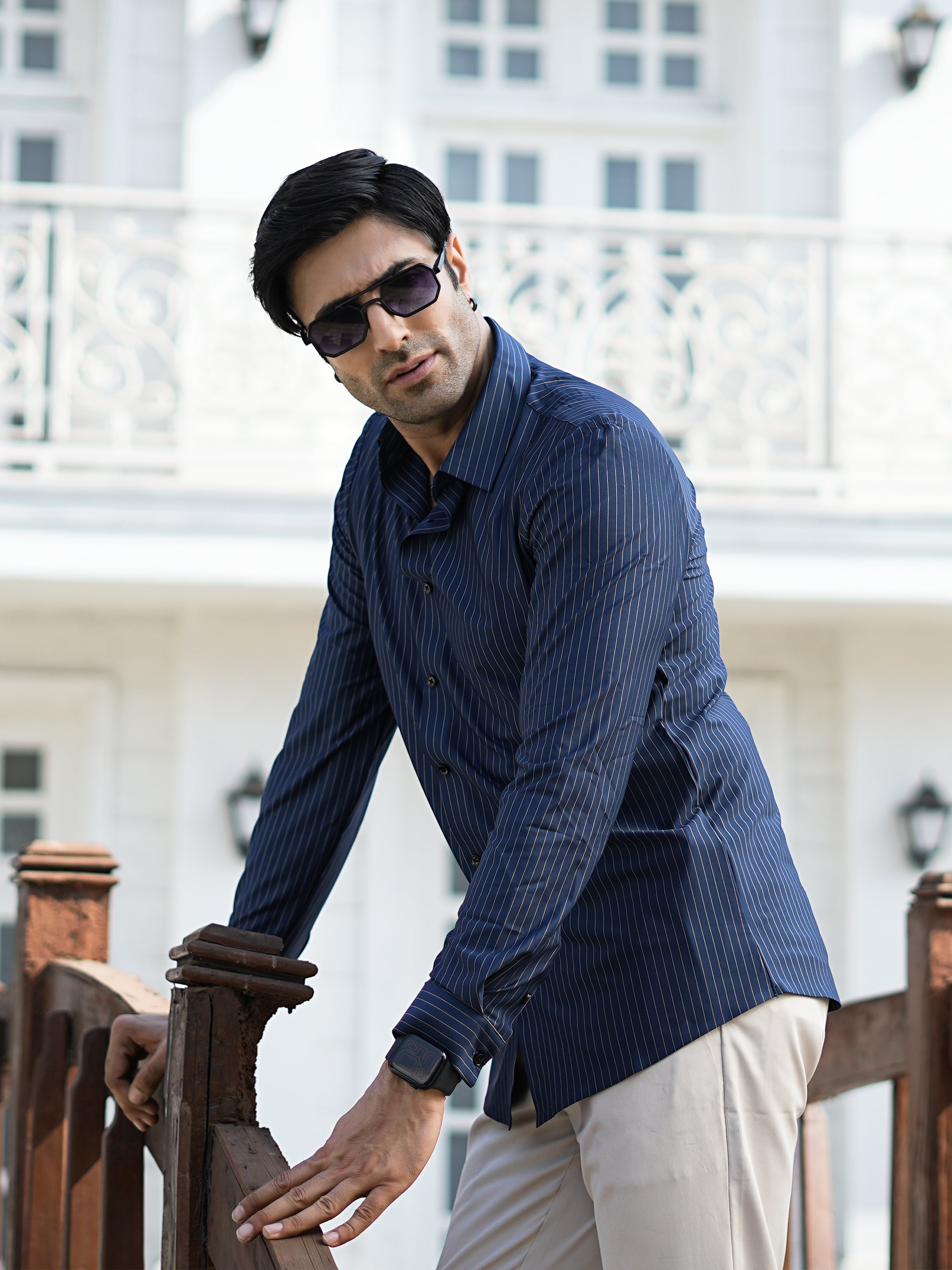 Stitchless Navy Blue Pinstripe Shirt