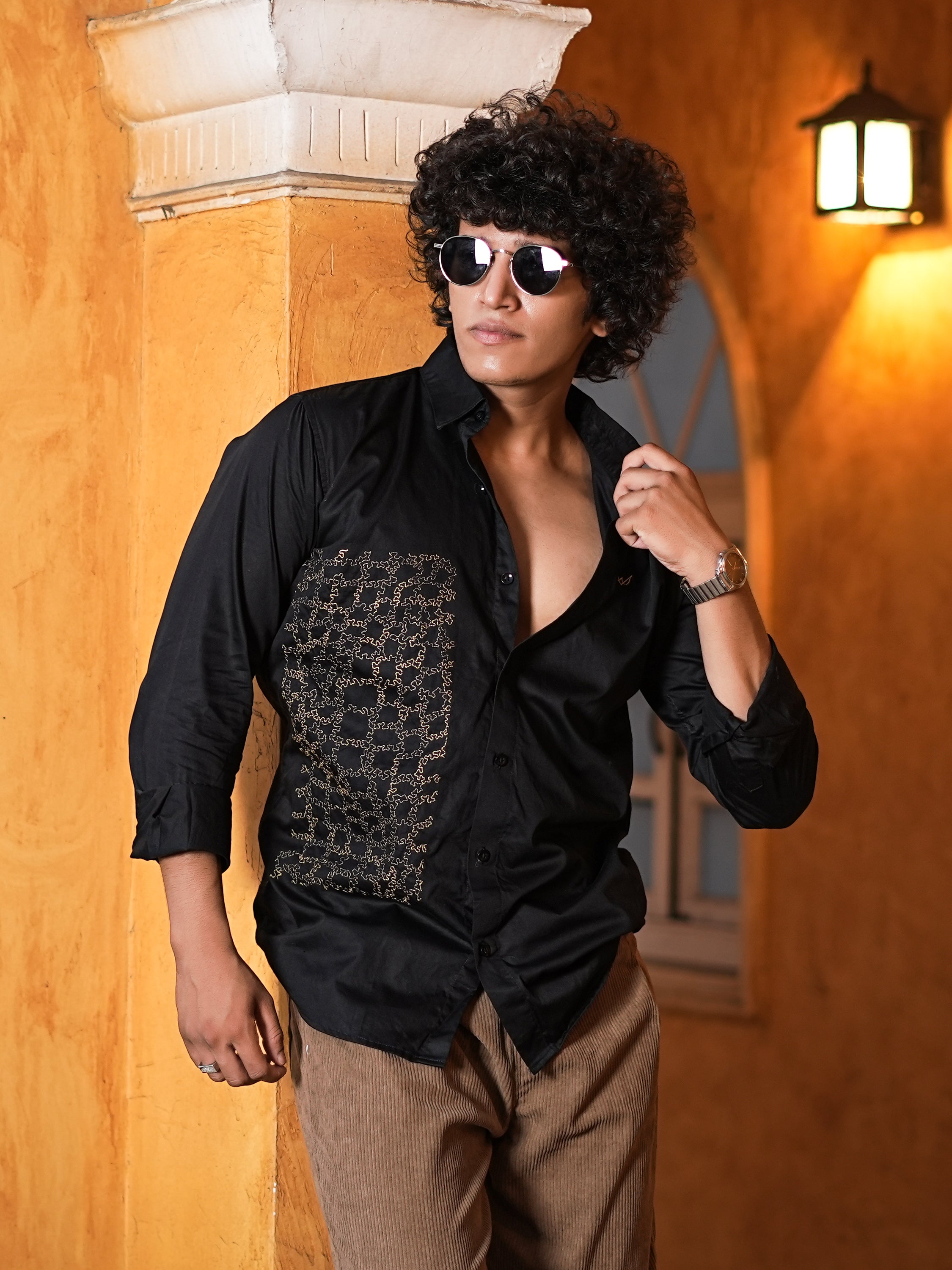 Gold Embroidered Black Shirt