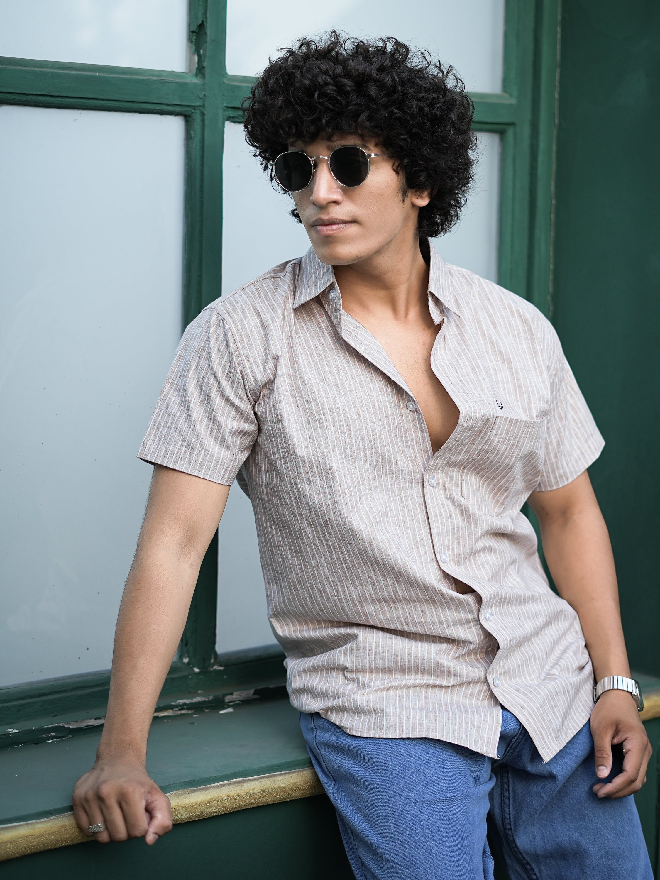 Beige Striped Casual Shirt – Half Sleeve