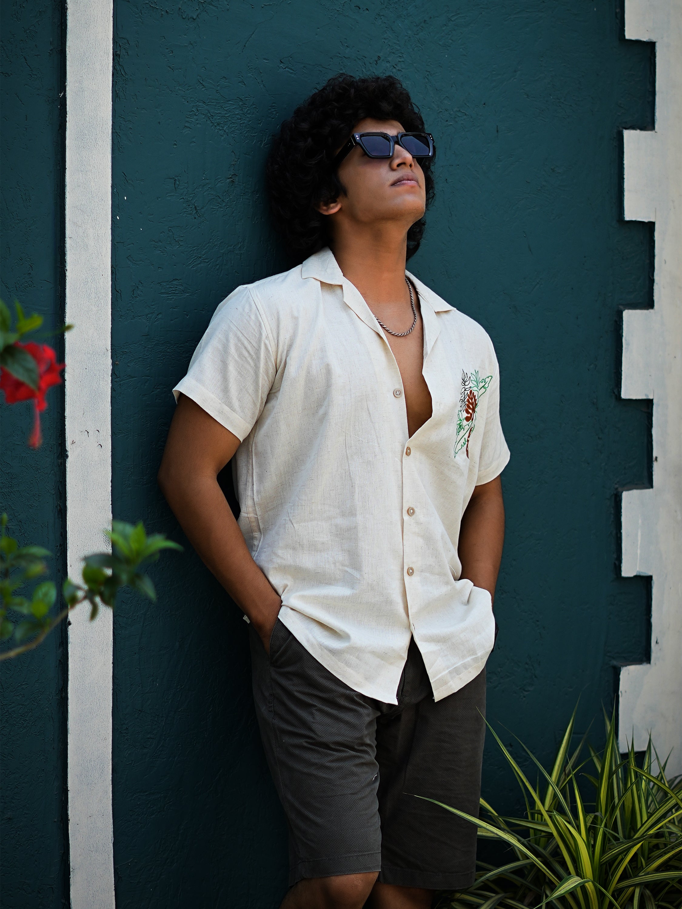 Tropical Leaves Embroidery Linen Shirt