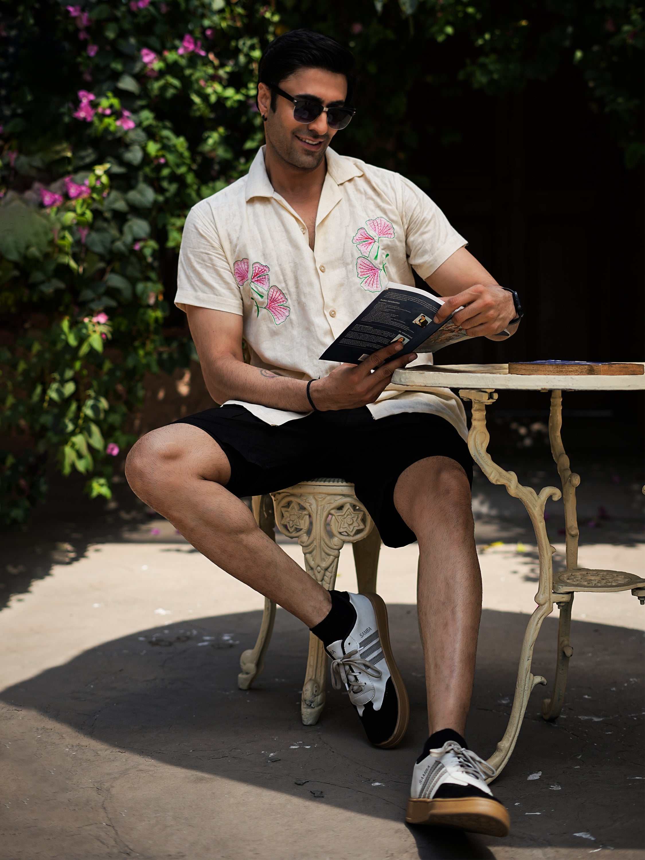Cream Linen Shirt with Pink Floral Embroidery