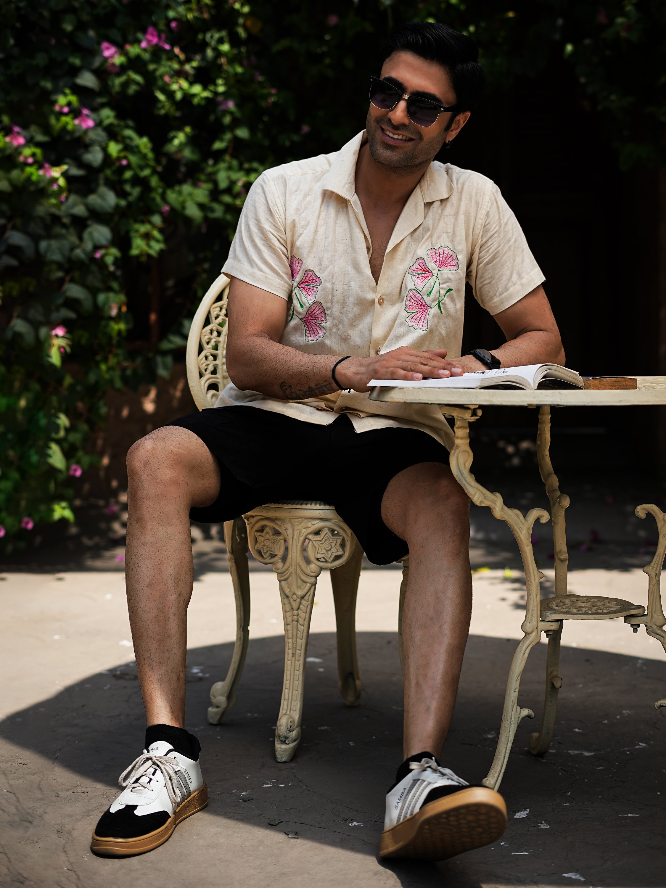 Cream Linen Shirt with Pink Floral Embroidery