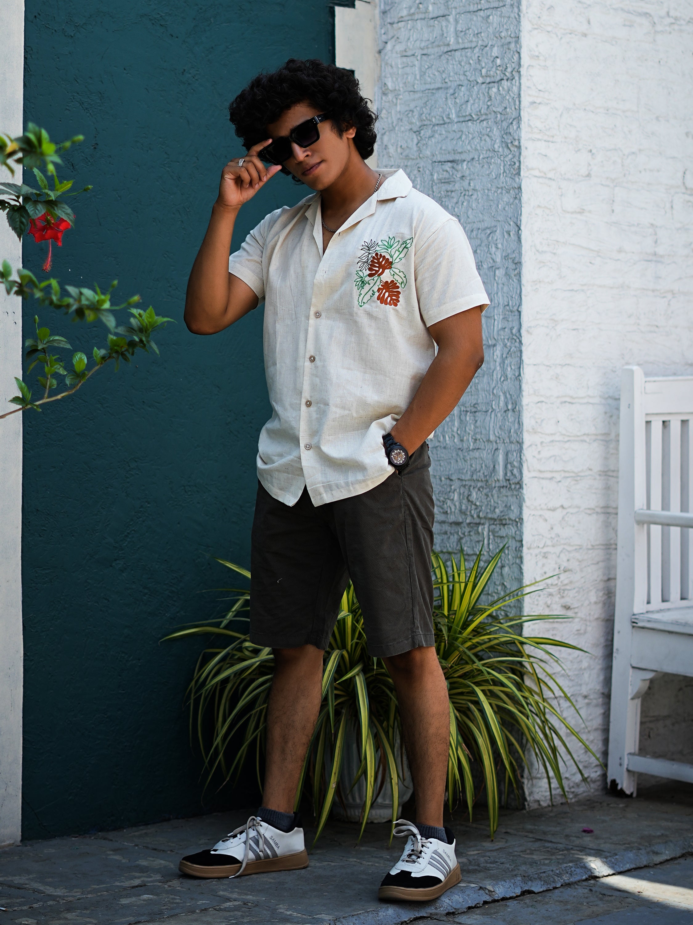 Tropical Leaves Embroidery Linen Shirt