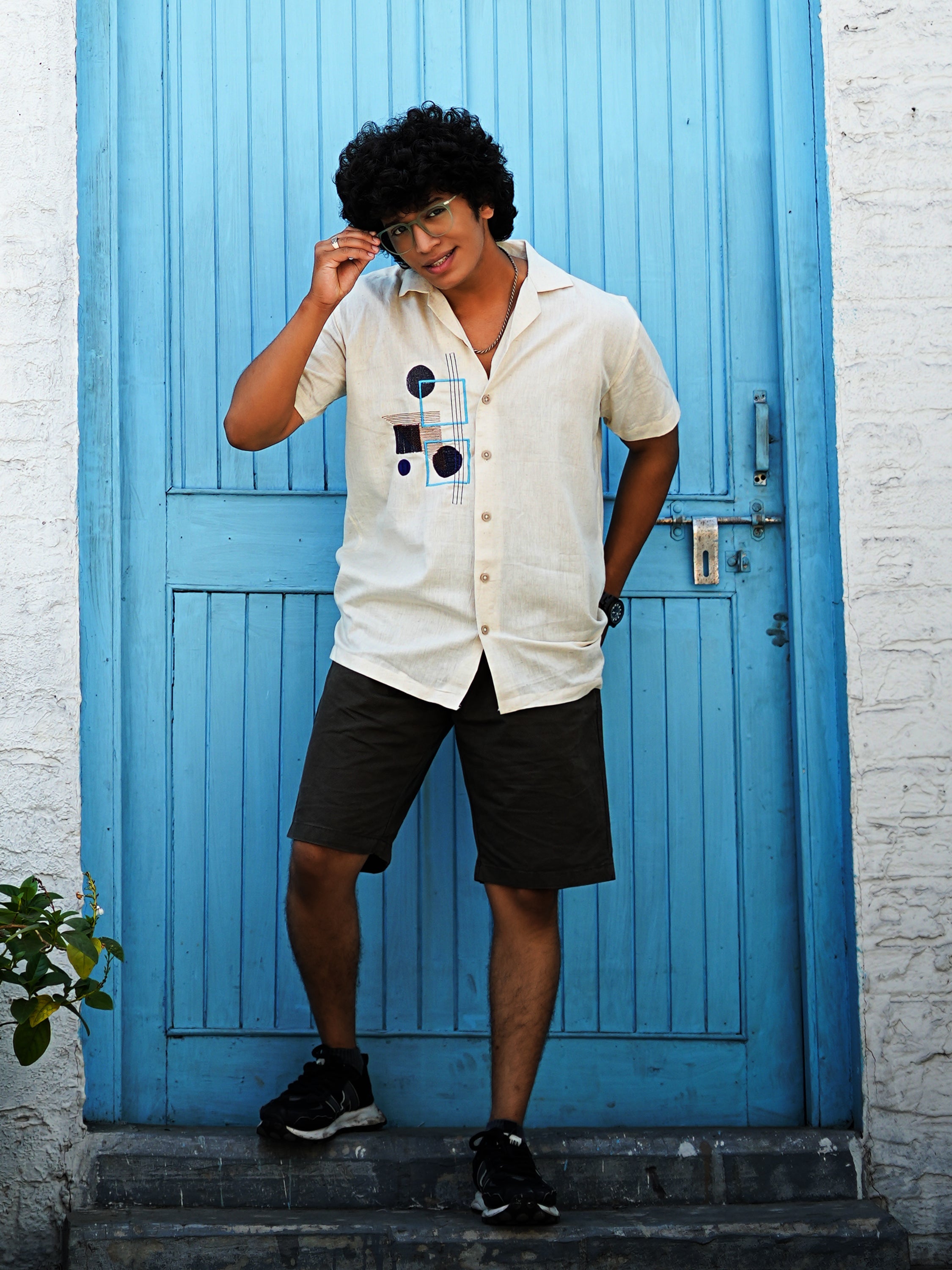 Abstract Geometry Embroidery Linen Shirt