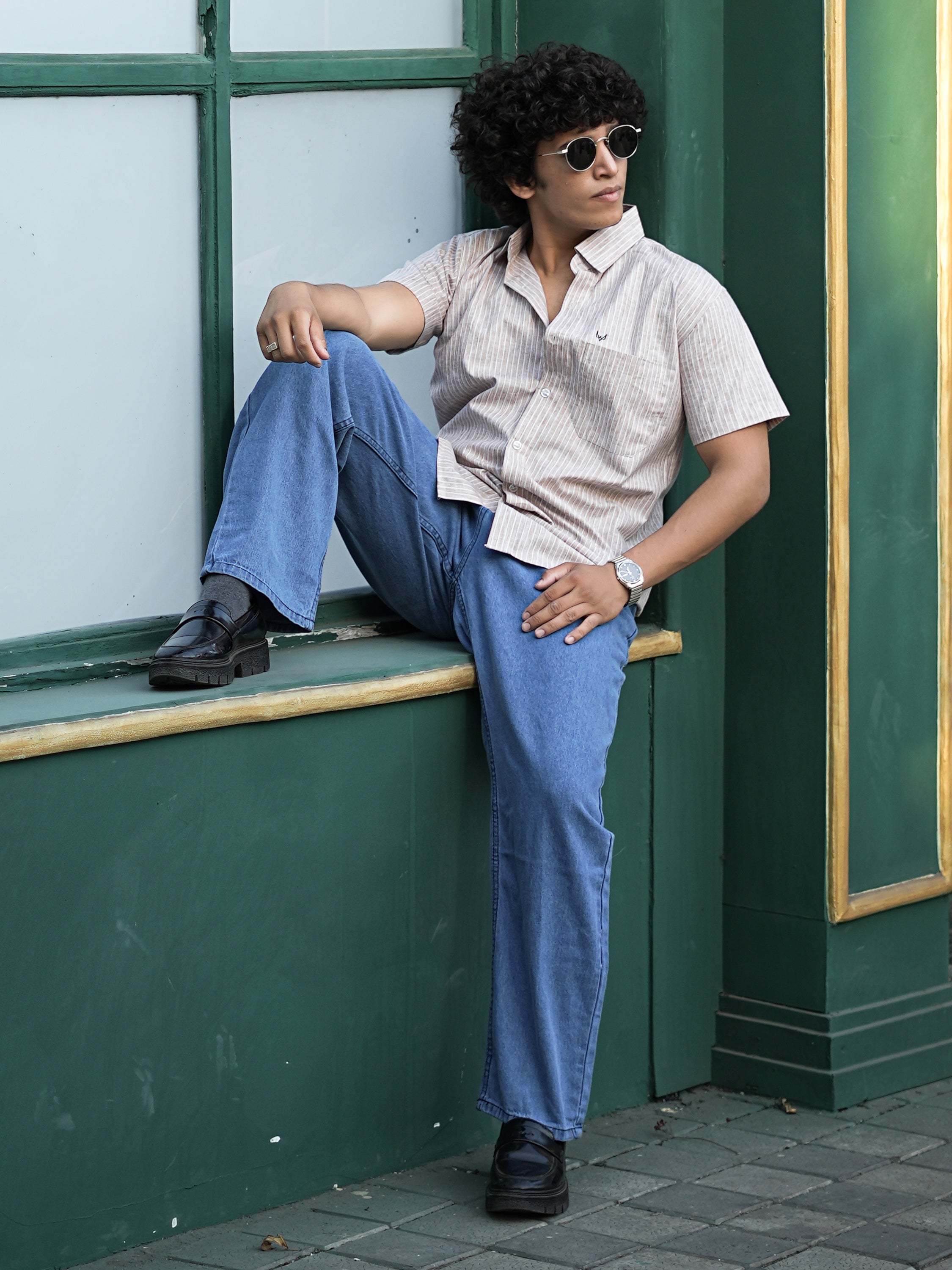 Beige Striped Casual Shirt – Half Sleeve