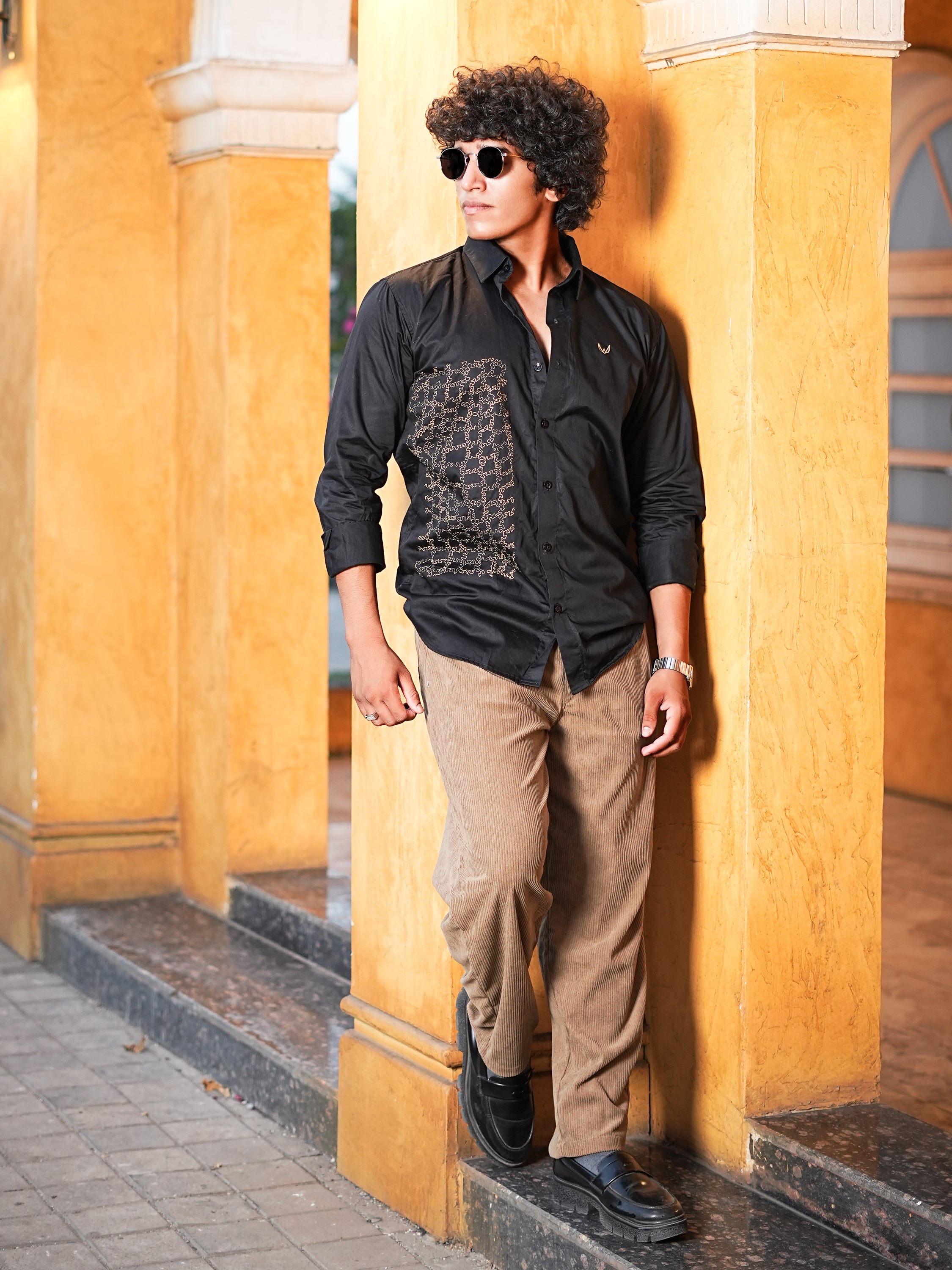 Gold Embroidered Black Shirt
