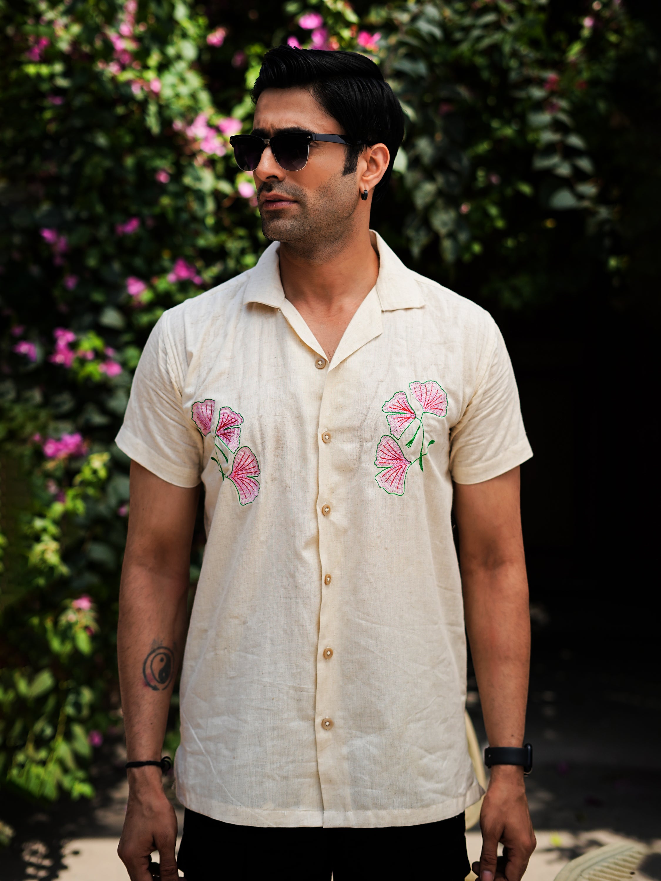 Cream Linen Shirt with Pink Floral Embroidery