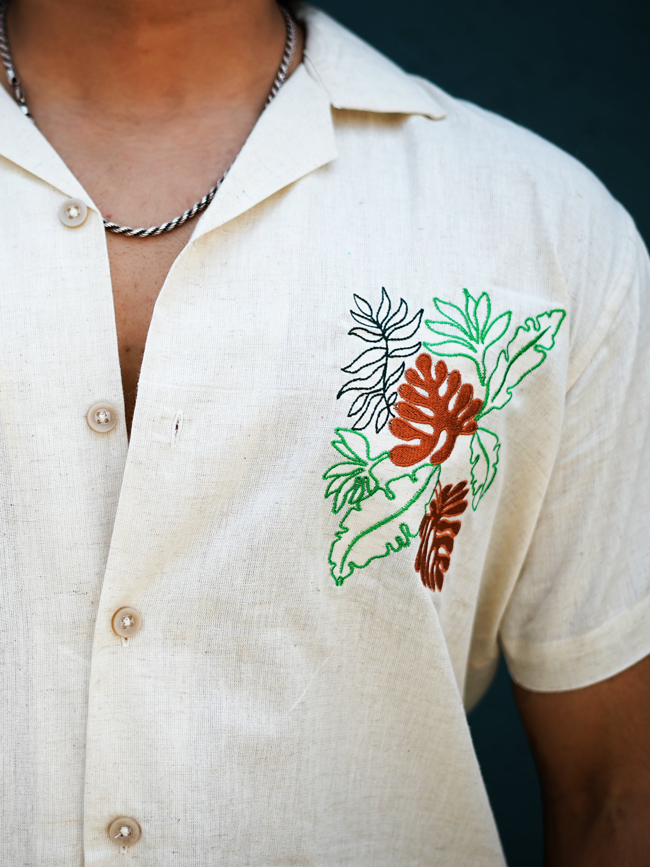 Tropical Leaves Embroidery Linen Shirt