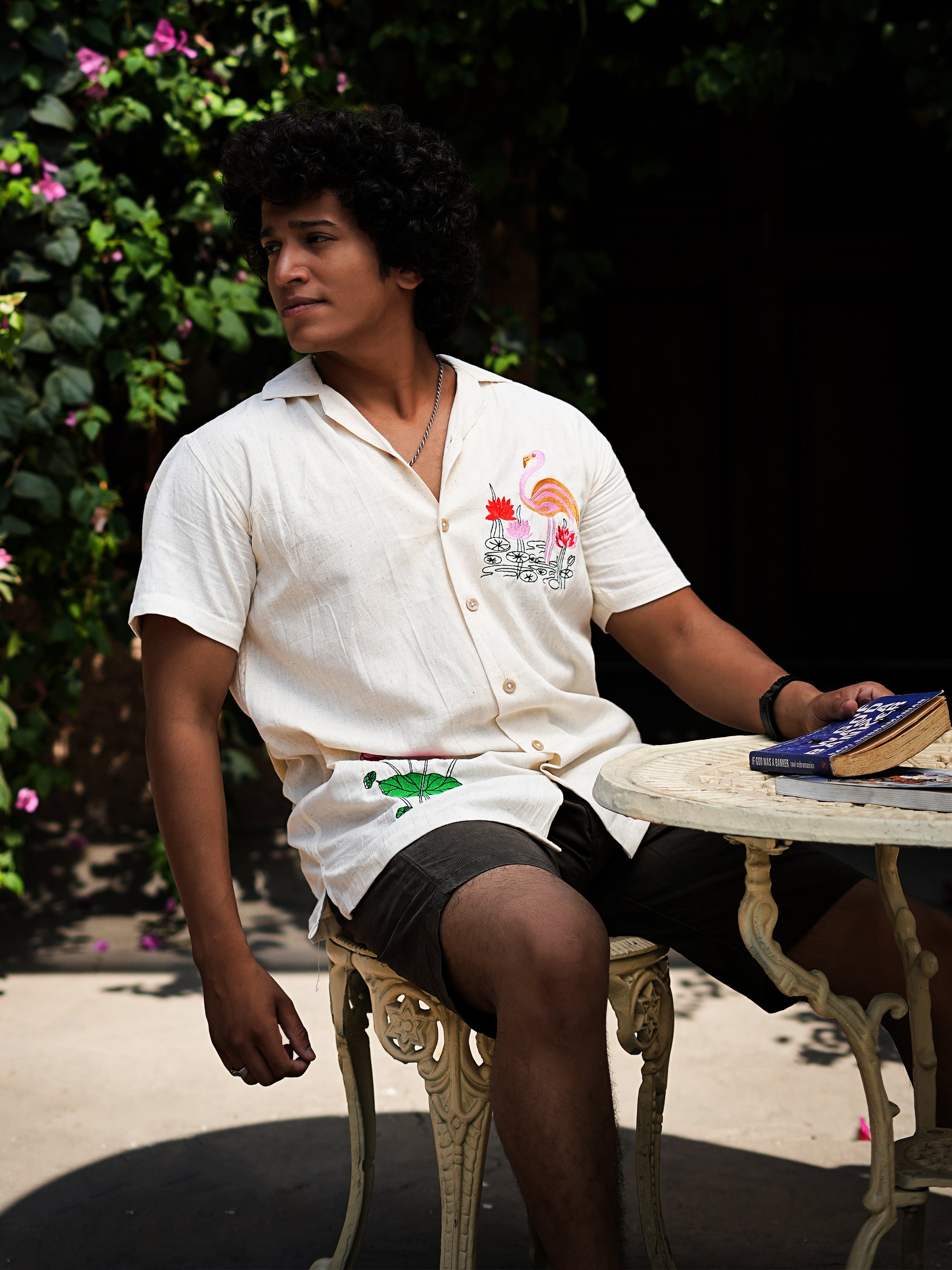 Flamingo Lotus Embroidery Linen Shirt