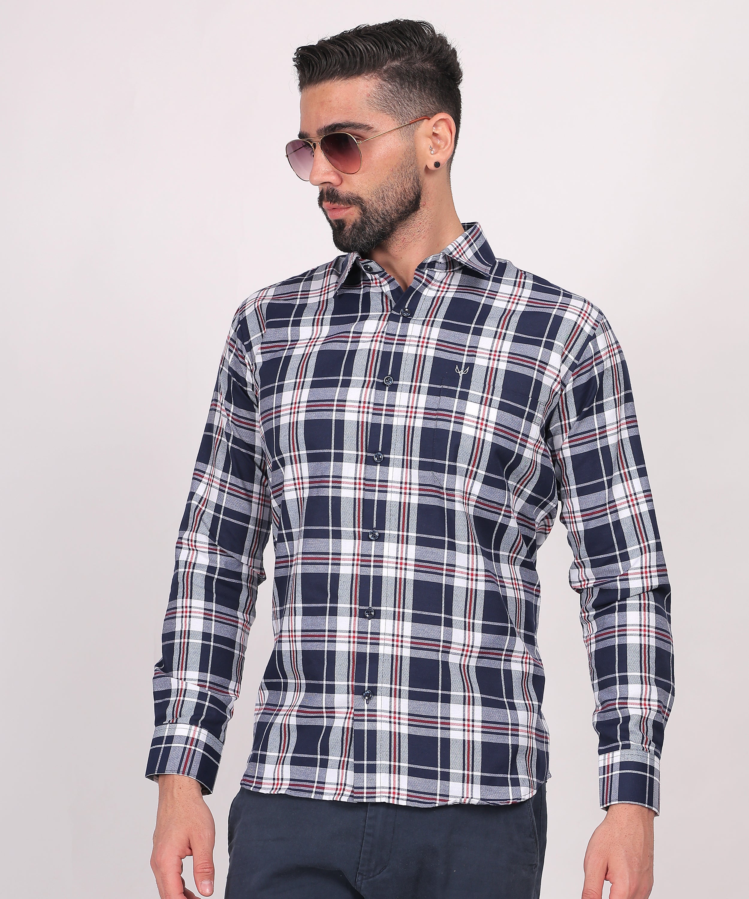 Navy Blue & White Plaid Shirt