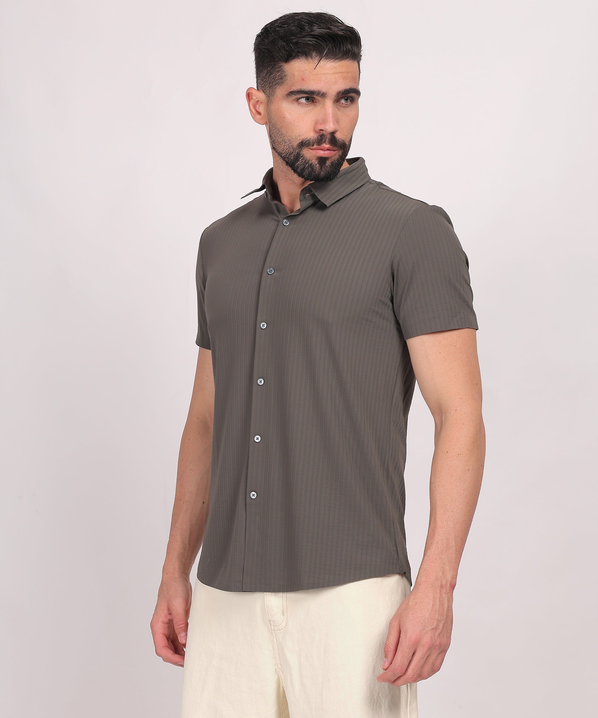 Gray Stitchless Striped Short Sleeve Shirt