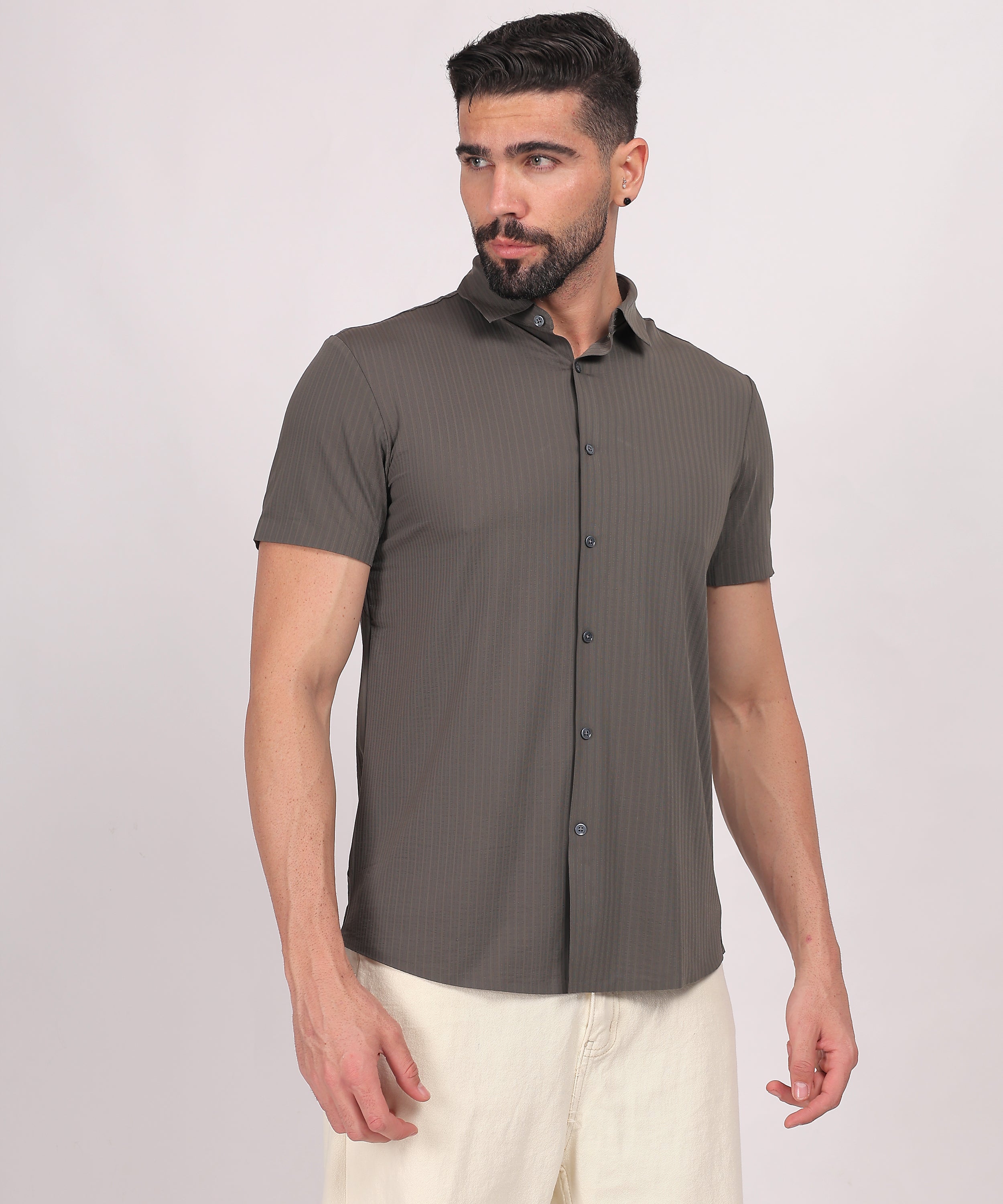 Gray Stitchless Striped Short Sleeve Shirt