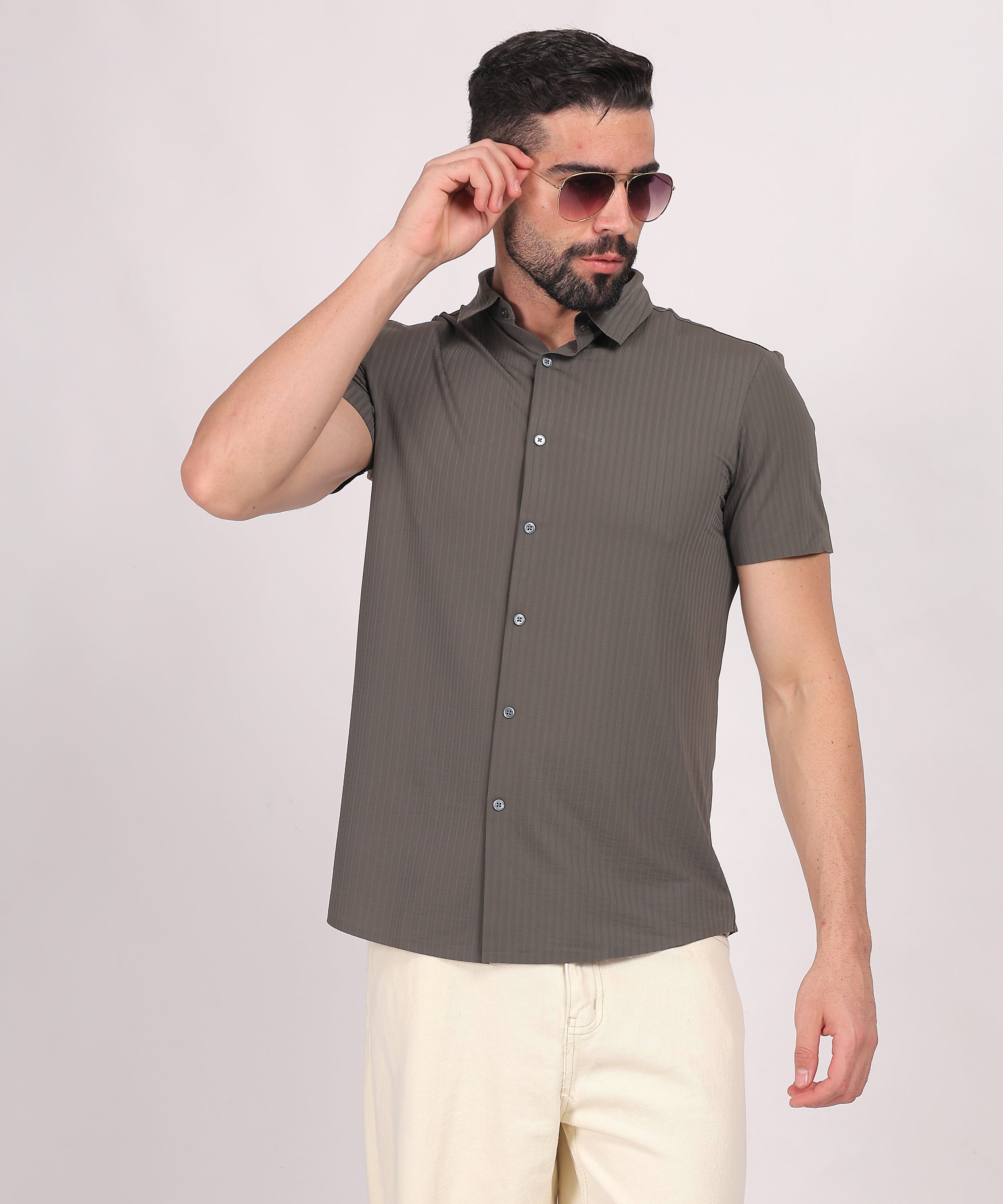 Gray Stitchless Striped Short Sleeve Shirt