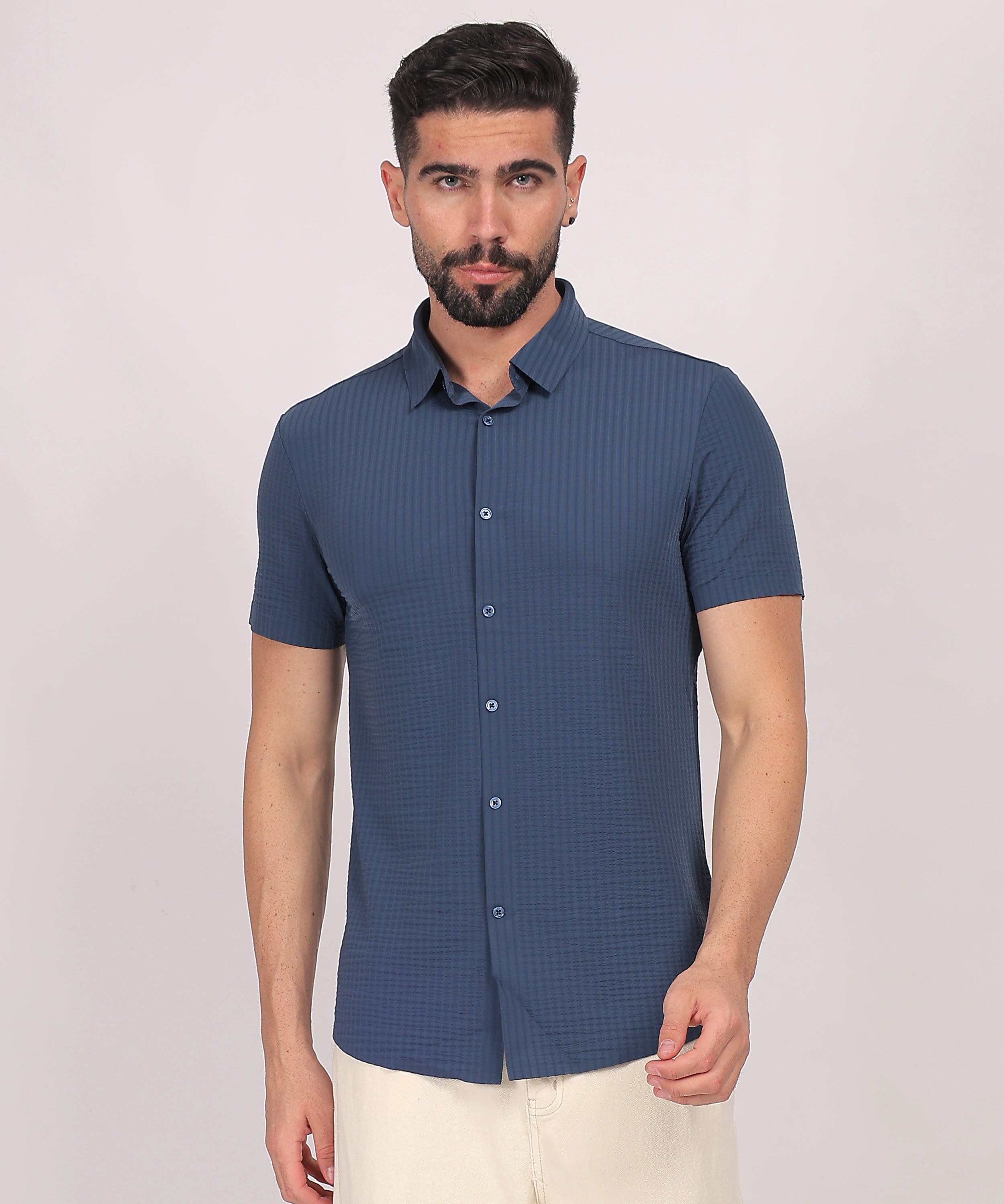 Navy Blue  Stitchless Textured Short Sleeve Shirt