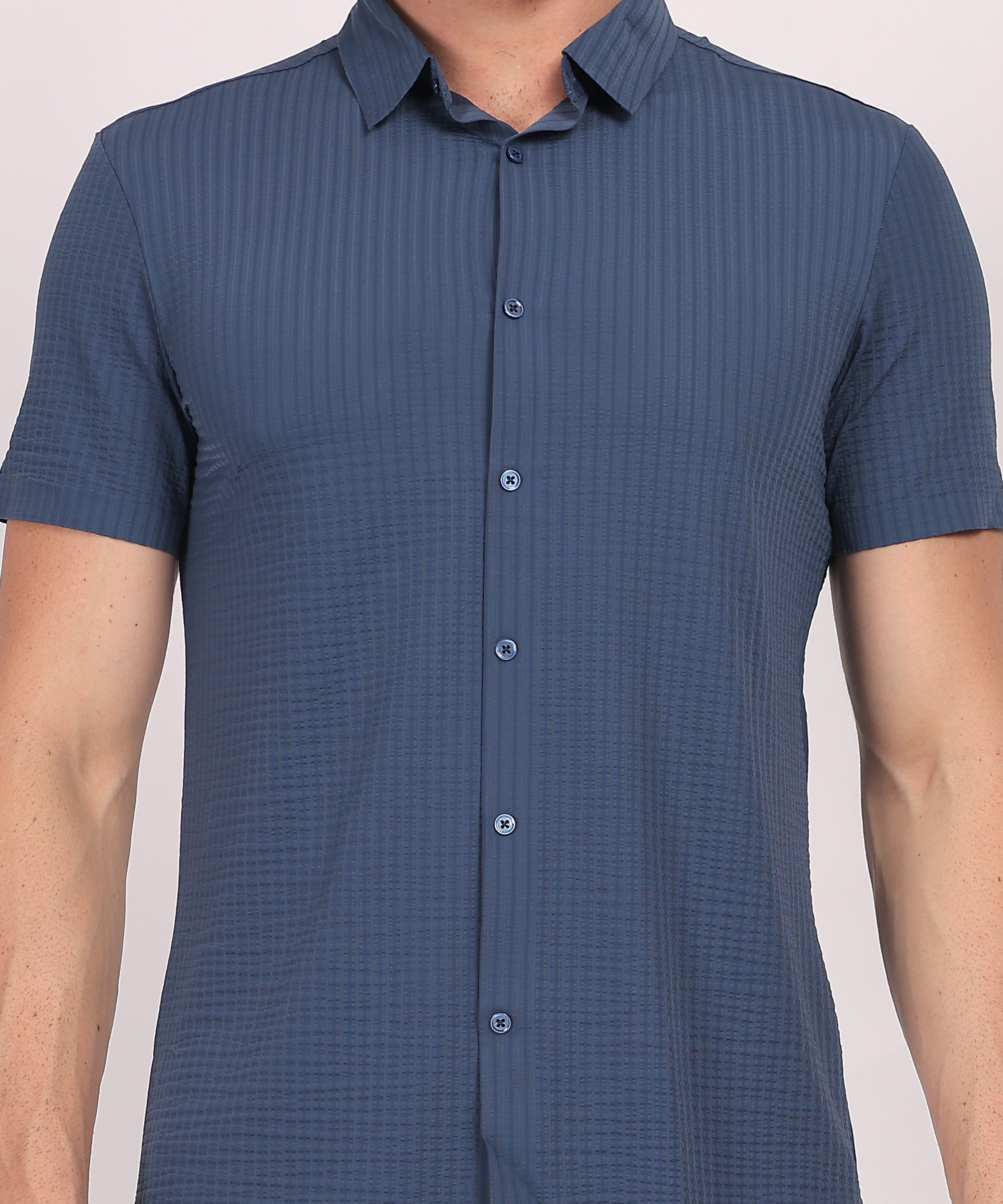 Navy Blue  Stitchless Textured Short Sleeve Shirt